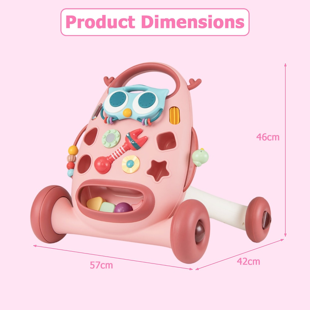 Product dimensions diagram for the pink baby walker showing height and width