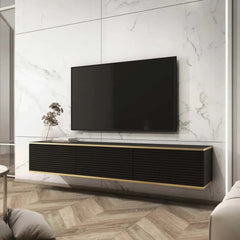 Black Moro Floating TV Cabinet 175cm mounted on a marble wall