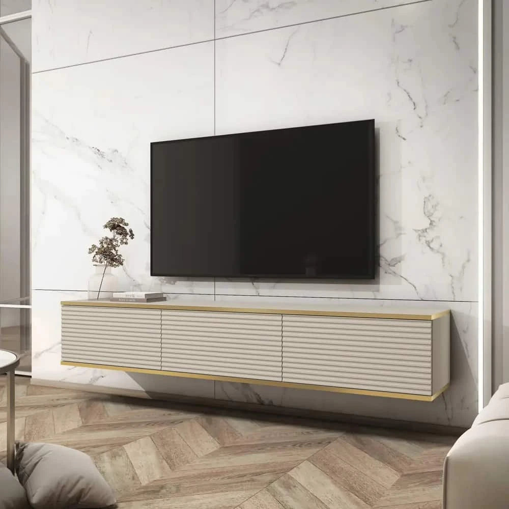 Moro Floating TV Cabinet 175cm mounted on a marble wall above a wooden floor