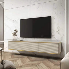 Moro Floating TV Cabinet 175cm mounted on a marble wall above a wooden floor
