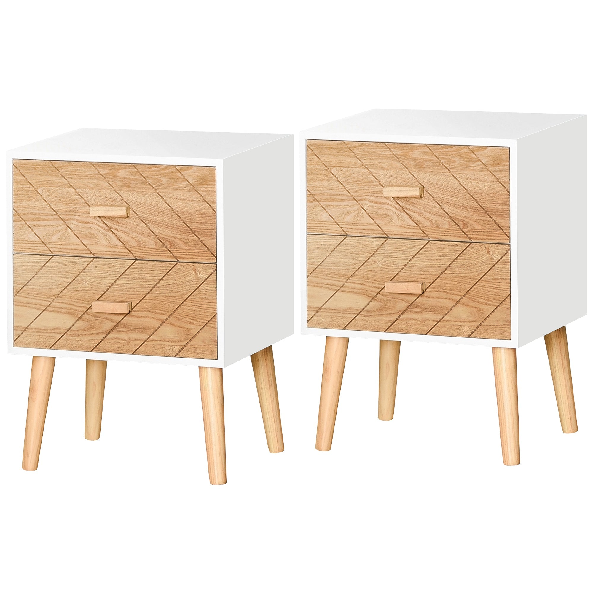 HOMCOM Bedside Table Set of 2, Modern Bedside Cabinets with Drawer and Pine Wood Legs, Nightstand for Bedroom, White and Natural