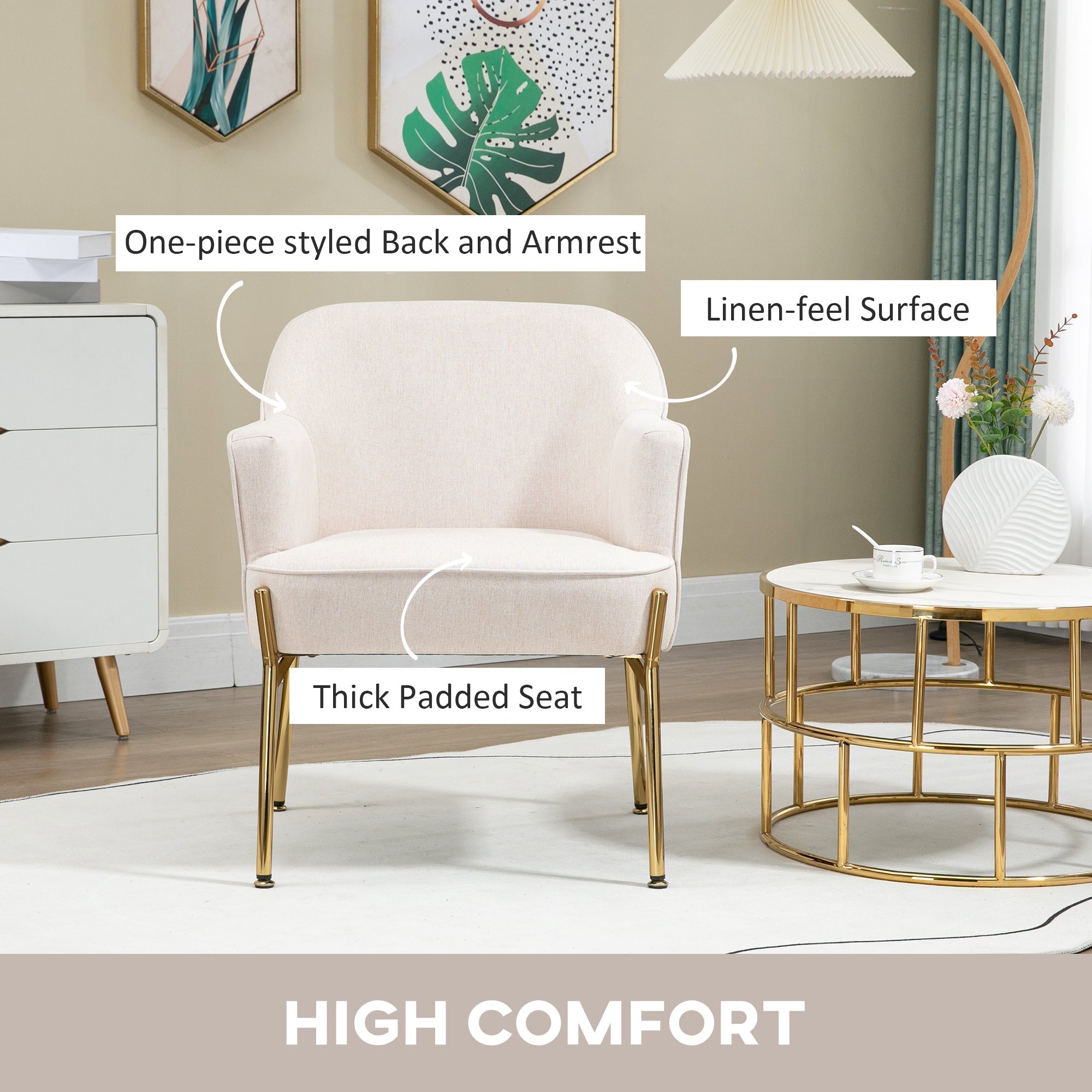 HOMCOM Accent Chair, Living Room Armchair, Vanity Chair with Gold Plating Metal Legs and Soft Padded Seat for Bedroom and Caf√É¬©, Set of 2, White