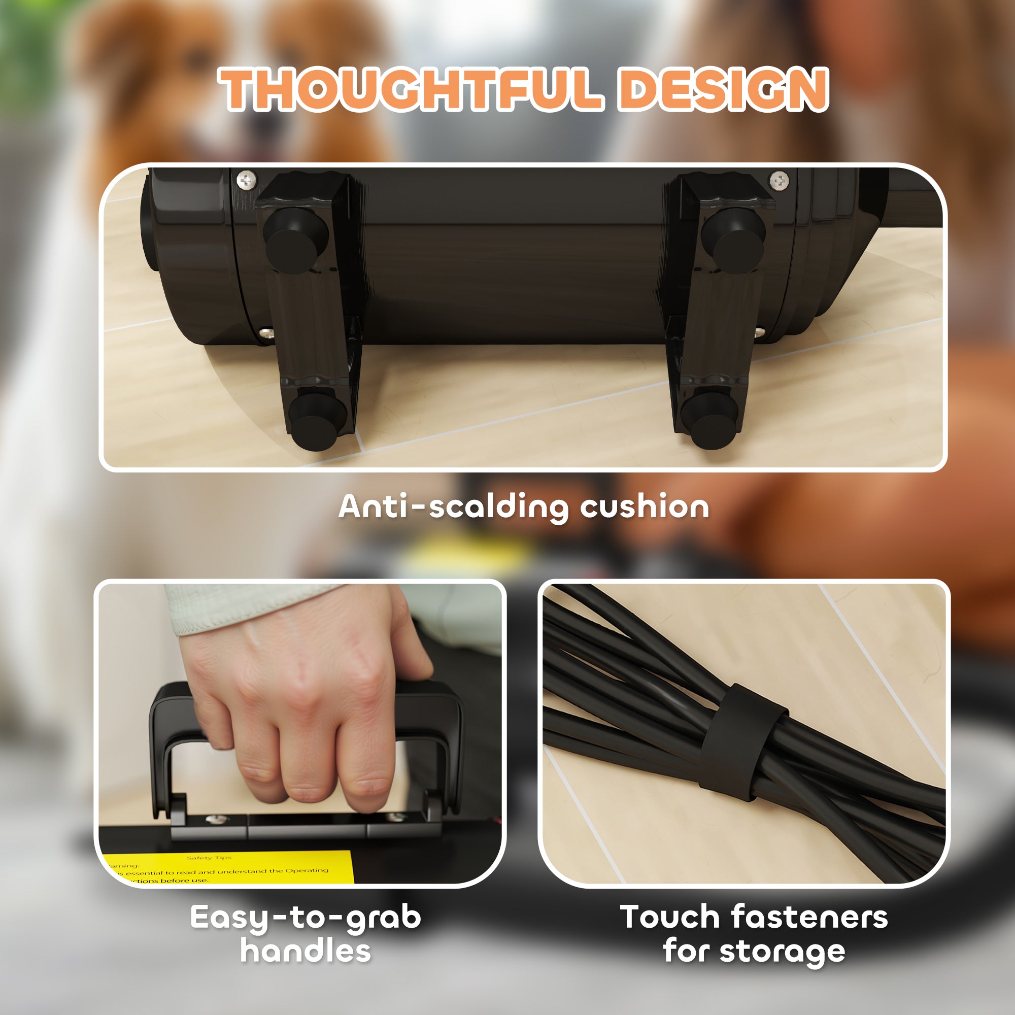 PawHut 2200W Dog Hair Dryer with Adjustable Temperature & Velocity, 3 Different Nozzles, Black