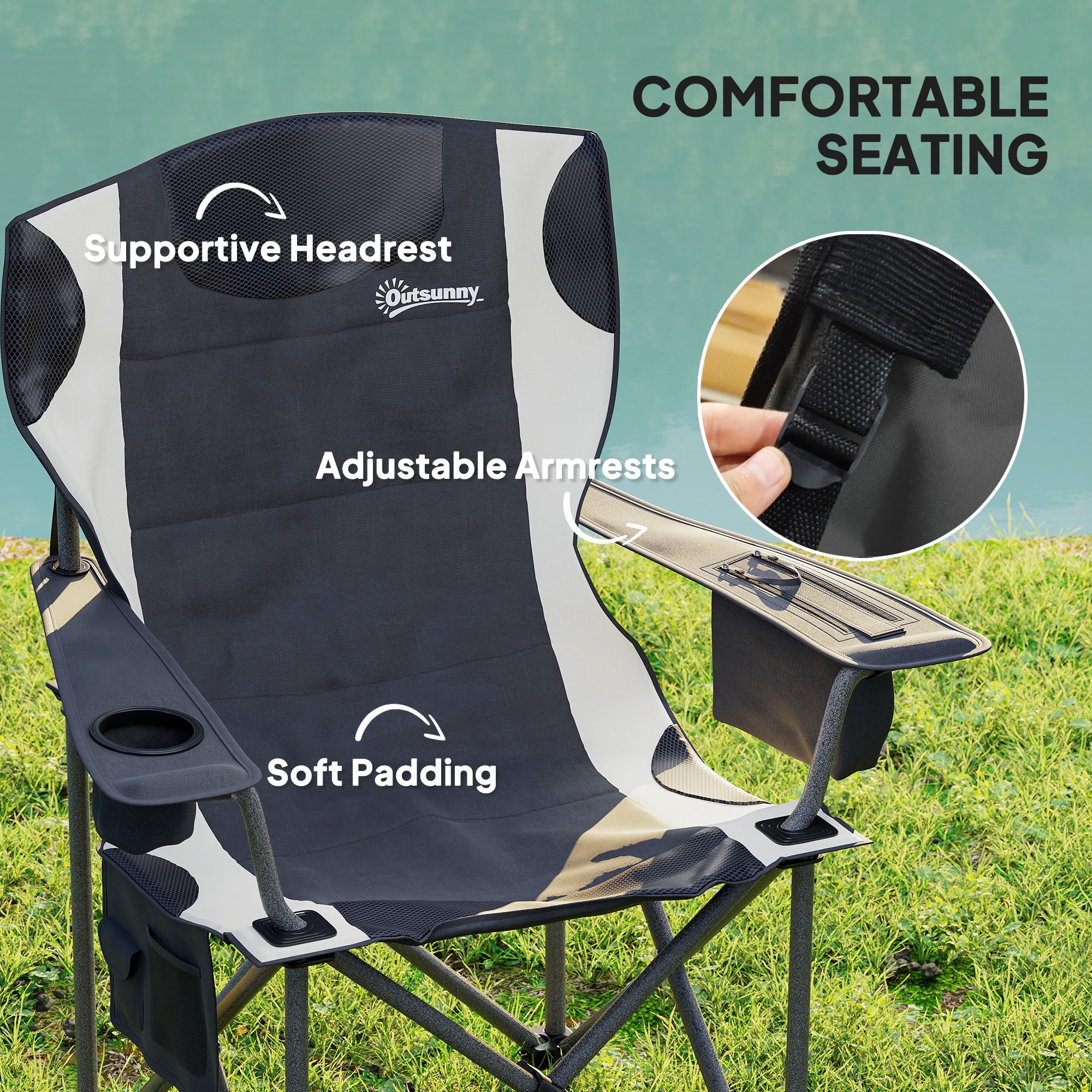 Outsunny Set of 2 Folding Camping Chairs, Padded Camping Chairs with Adjustable Armrests, Portable & Lightweight Folding Camp Chair with Cooler Bag, Cup Holder and Side Pockets, Black