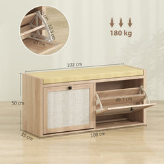 HOMCOM Rattan Shoe Bench with Padded Cushion and 2 Cabinets for Hidden Storage, Oak Wood Effect