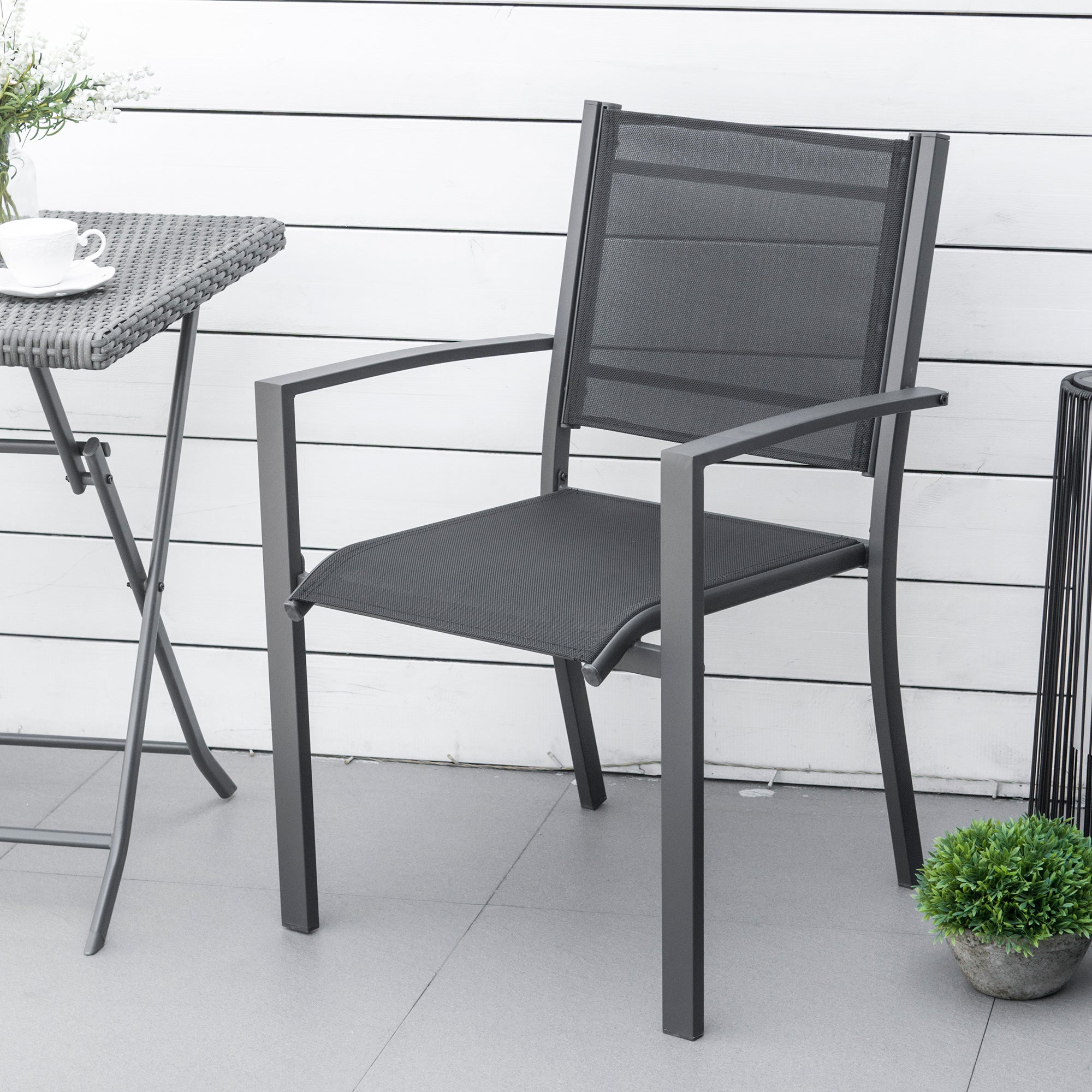Outsunny Garden Chairs Set Of 2 Outdoor Chairs with Steel Frame Texteline Seats for Dining Patio Balcony Dark Grey and Black