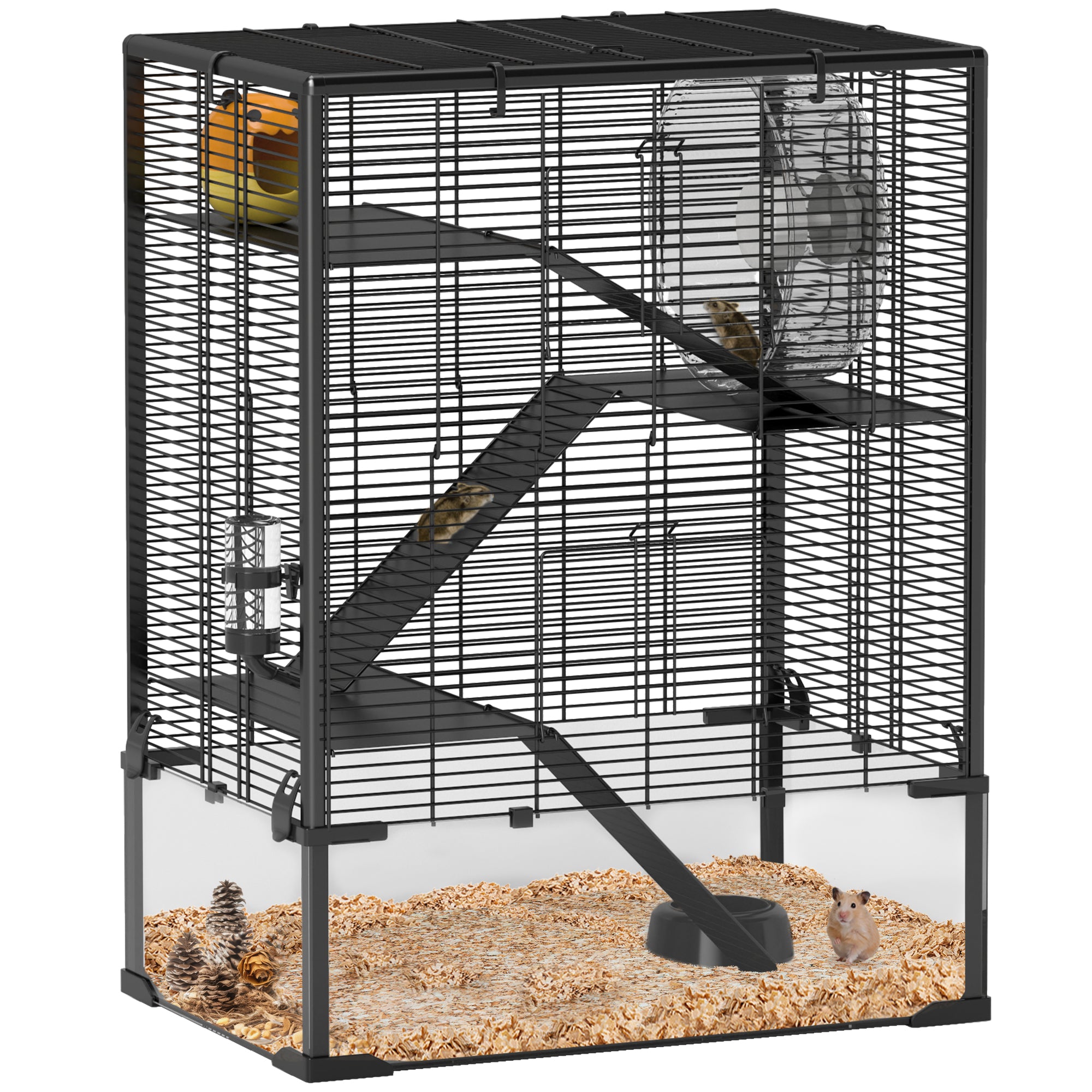 PawHut Four-Tier Hamster Cage with Deep Tempered Glass Bottom, Hut, Running Wheel, Food Dish, Water Bottle, 60 x 40 x 80cm