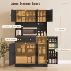 HOMCOM 173 cm Tall Kitchen Cupboard with Charging Station, Pantry Storage Cabinet with Adjustable Shelves and 4 Door Racks