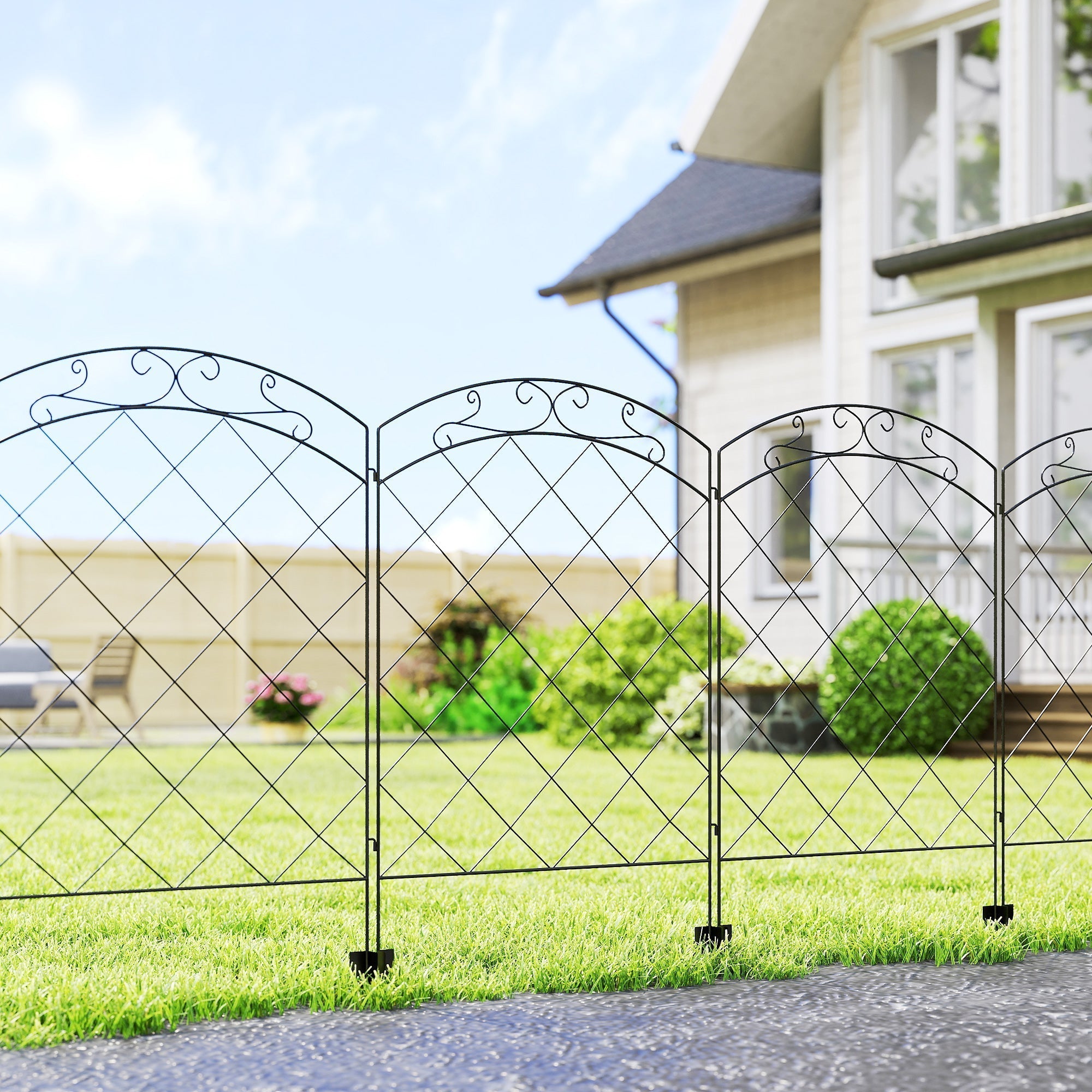 Outsunny Steel Decorative Swirls Outdoor Picket Fence Panels Set of 4, Black