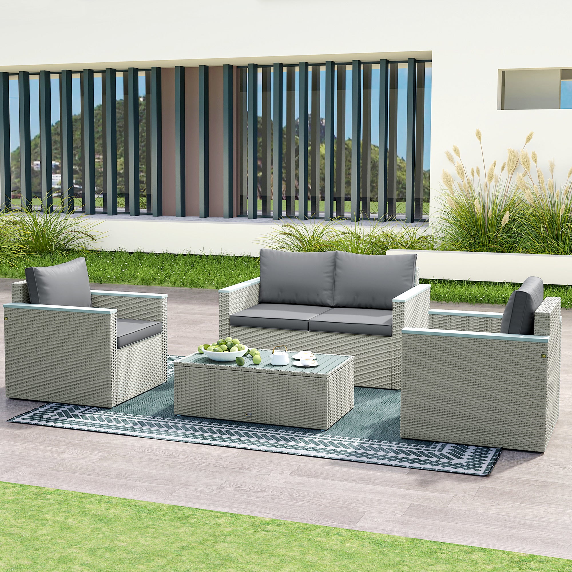 Outsunny Four-Piece Rattan Sofa Set, with Wood-Top Table