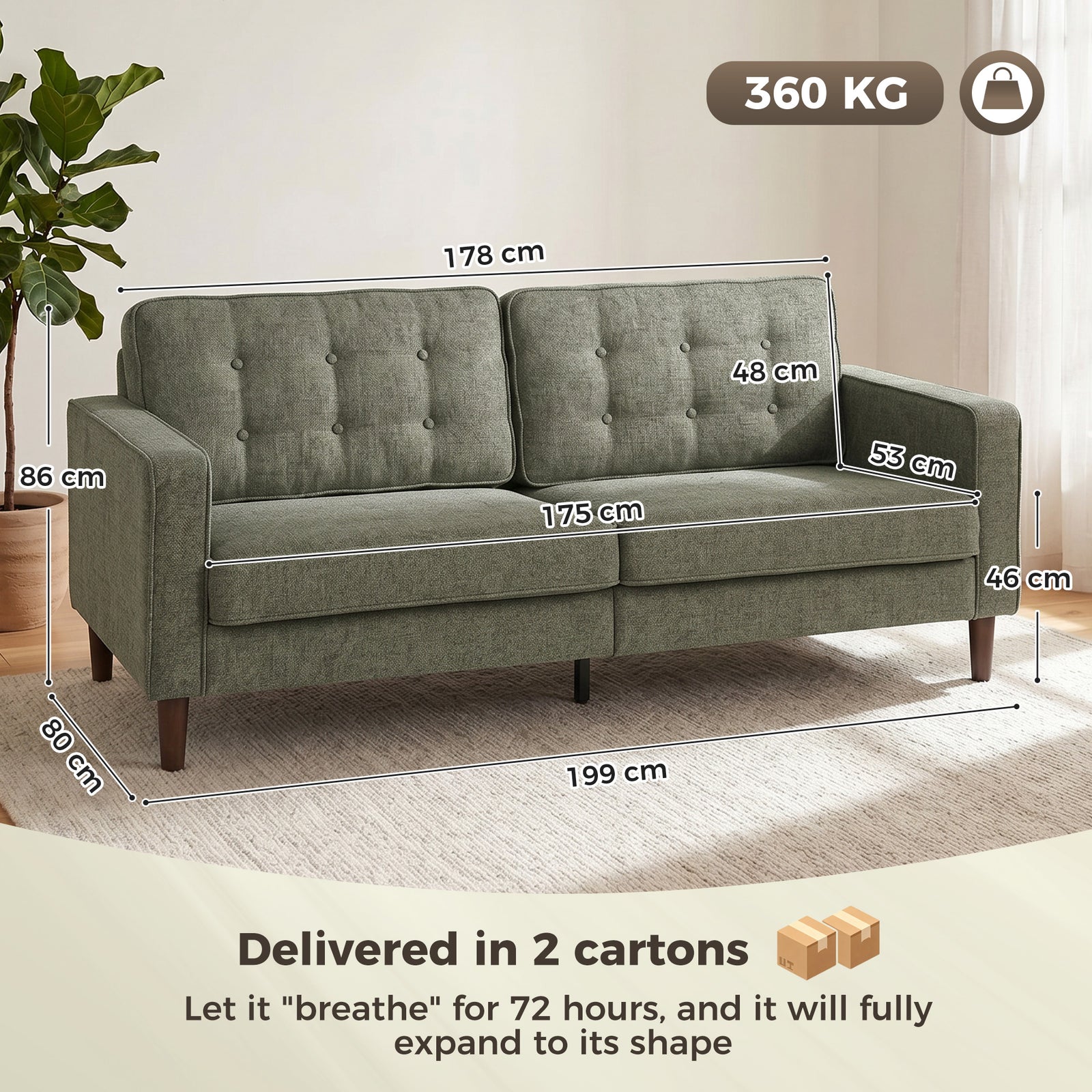 HOMCOM 3 Seater Sofa Button Tufted Upholstered Couch with Wood Legs for Living Room, Green