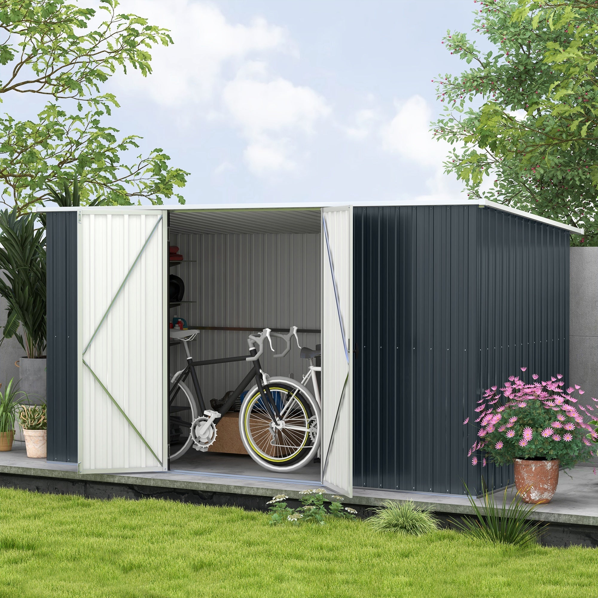 Outsunny 11 x 5.6ft Galvanised Steel Garden Shed, Metal Shed, Garden Storage Shed with Lockable Doors and Gloves for Outdoor Patio, Garden, Grey