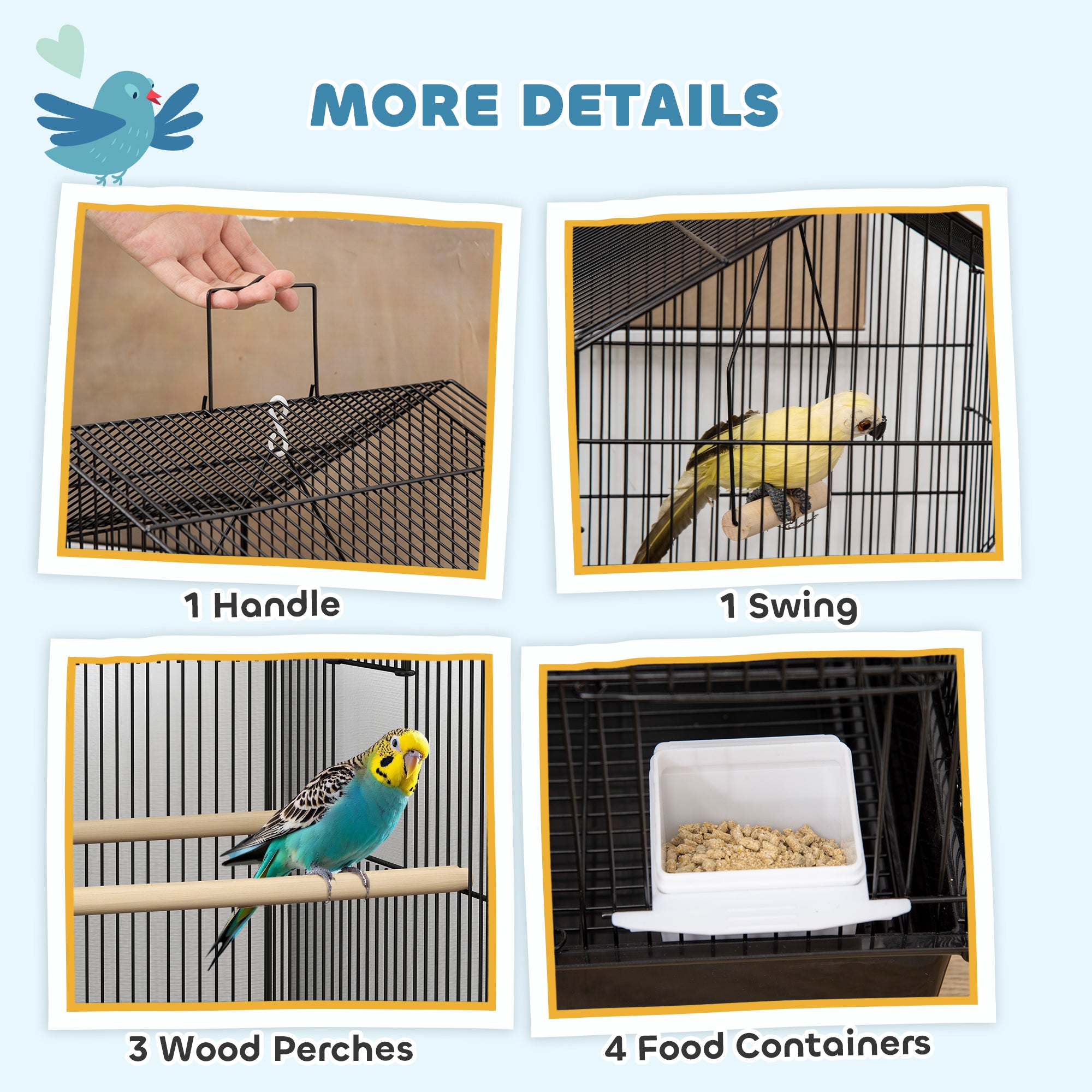 PawHut Metal Bird Cage with Plastic Swing, Perch, Food Container, Tray, Handle, for Finches, Canaries, 43 x 32.5 x 104cm