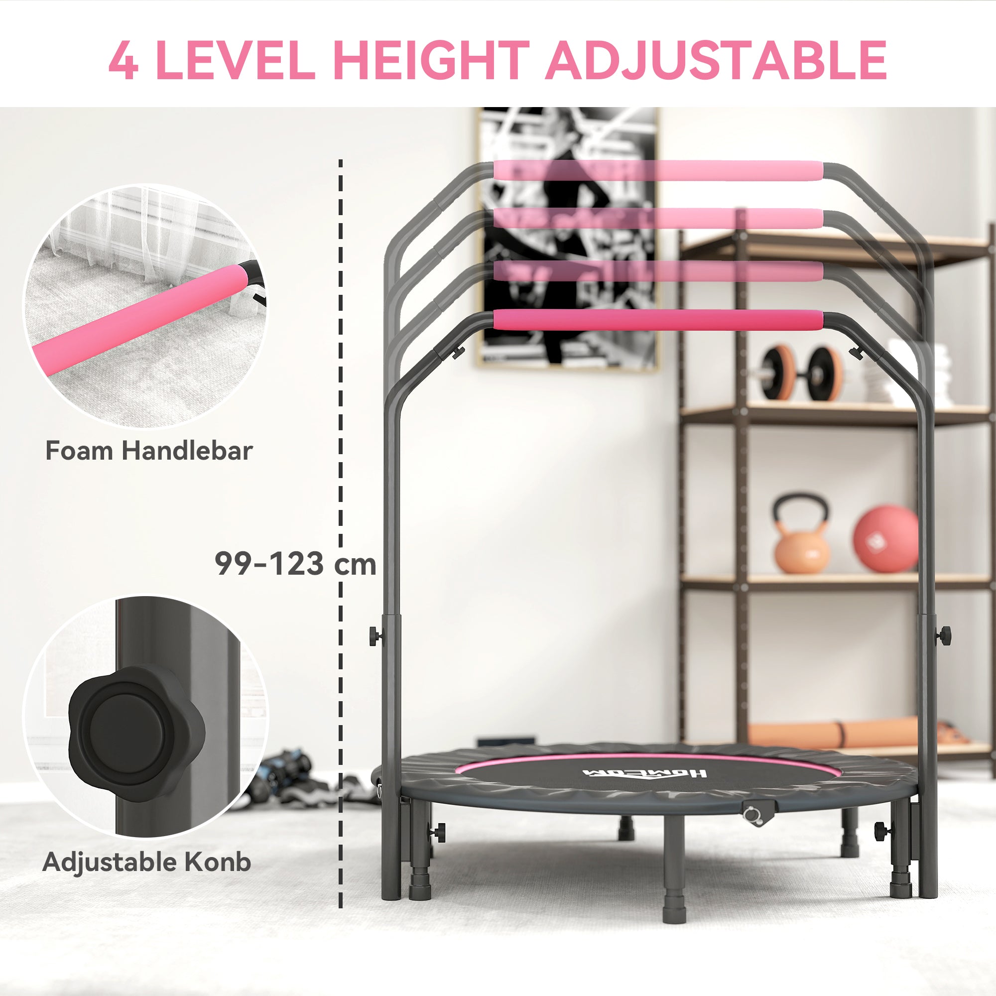 HOMCOM 48" Foldable Mini Fitness Trampoline, with Adjustable Foam Handle, Pink