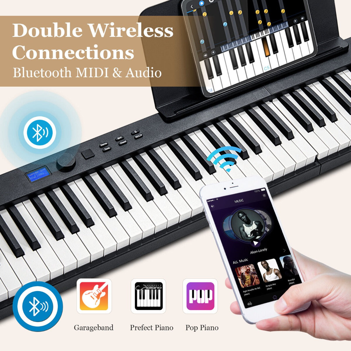 88-Key Foldable Full-Size Semi-Weighted Digital Piano Keyboard with MIDI-Black