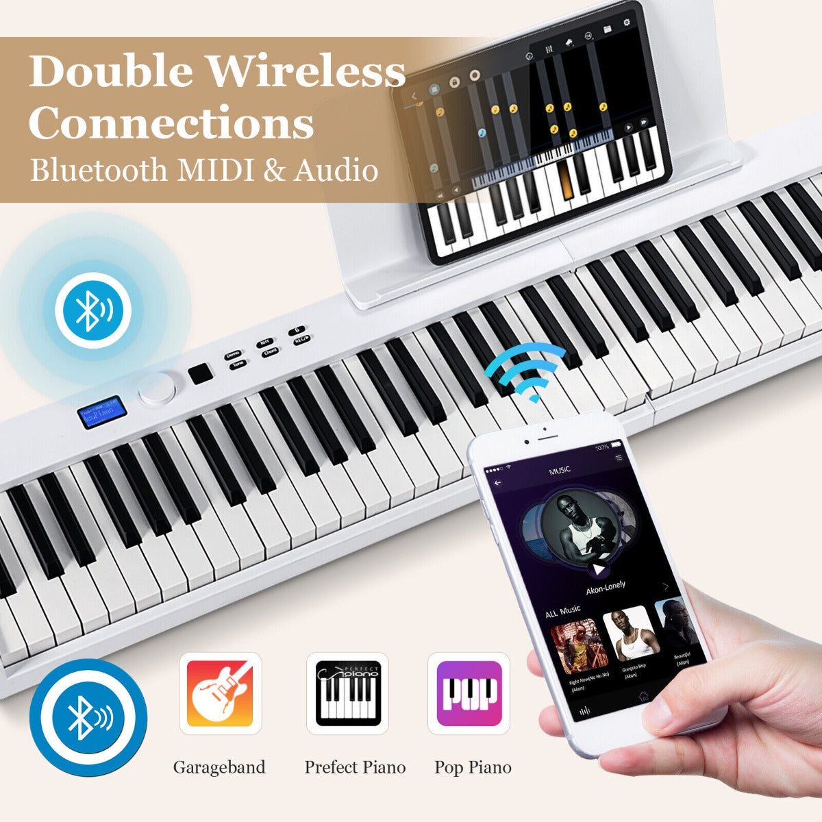 88-Key Foldable Full-Size Semi-Weighted Digital Piano Keyboard with MIDI-White