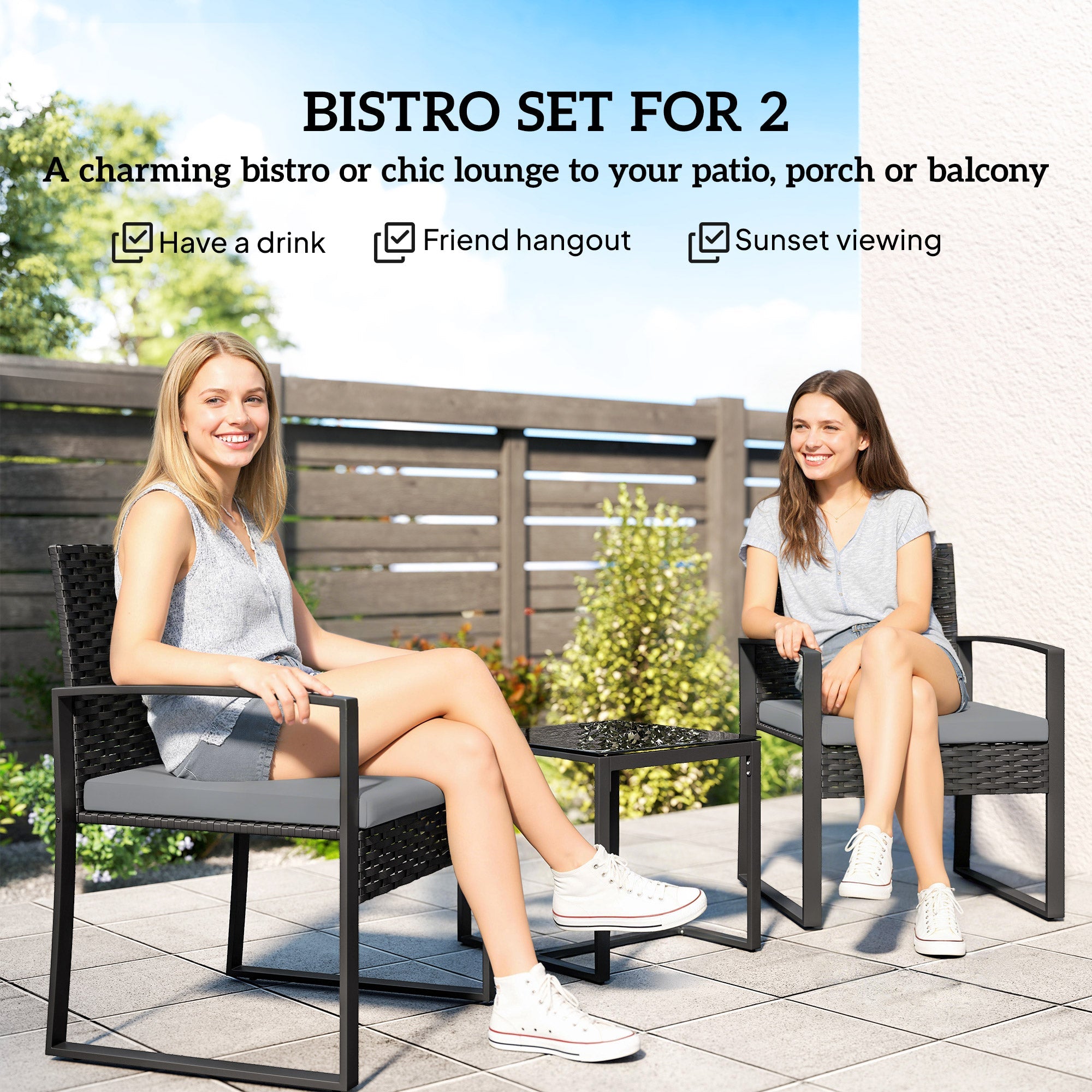 Outsunny Rattan Bistro Set, 3 Piece Garden Furniture Set with Glass Top Table and Cushions, Light Grey