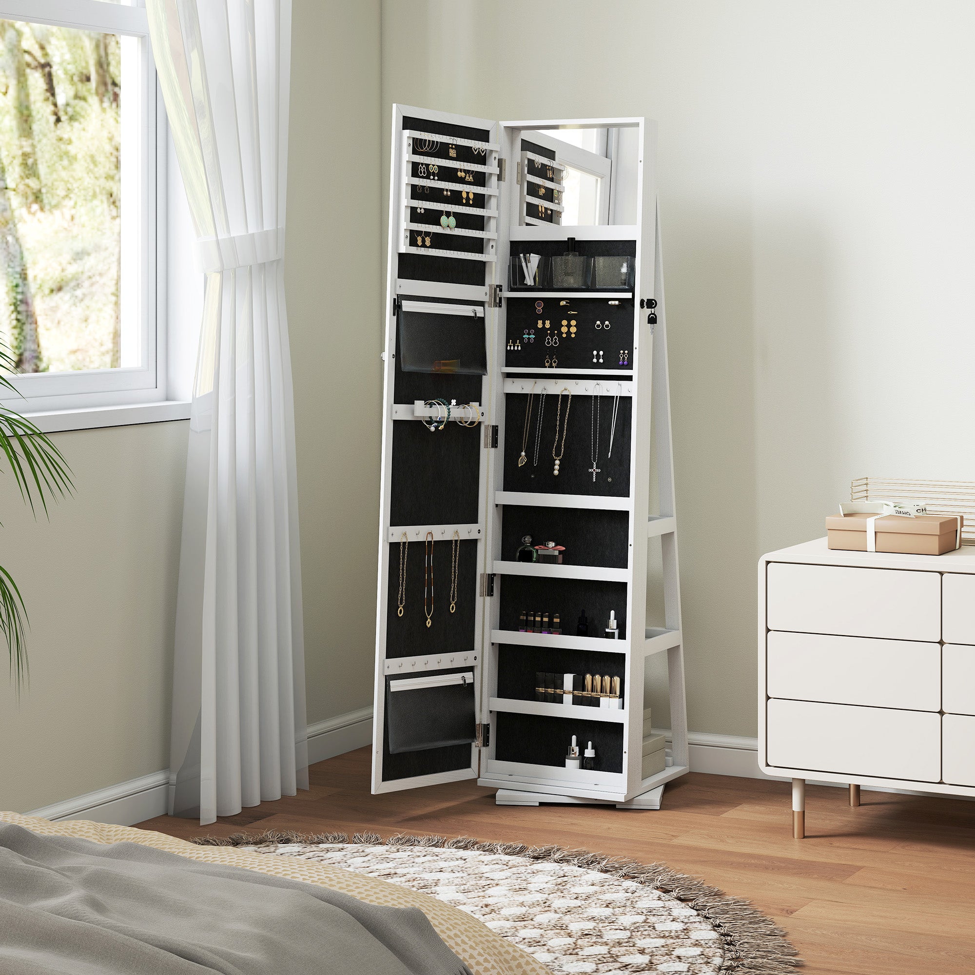 HOMCOM 360√Ç¬∞ Swivel Jewellery Cabinet, Free Standing Full Length Mirror with Storage, Lockable Jewellery Organiser with Built-in Makeup Mirror and Storage Shelves for Bedroom, White