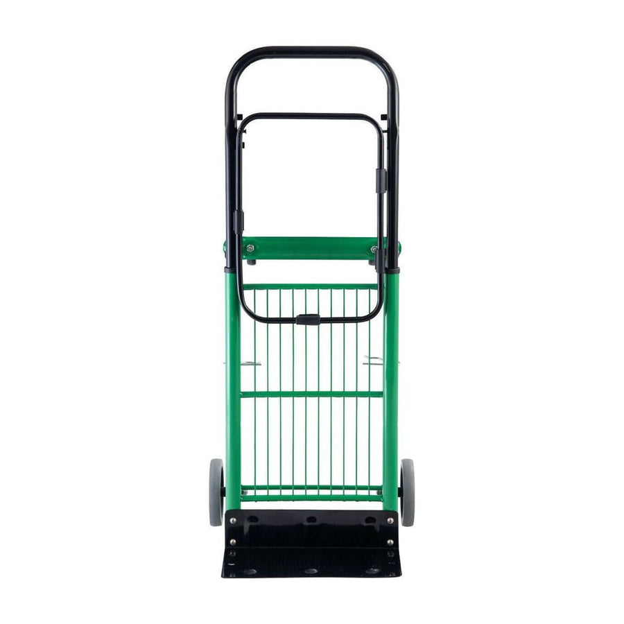 Multi-Purpose Folding Sack Barrow / Platform Trolley showing the front view with green frame and black handles