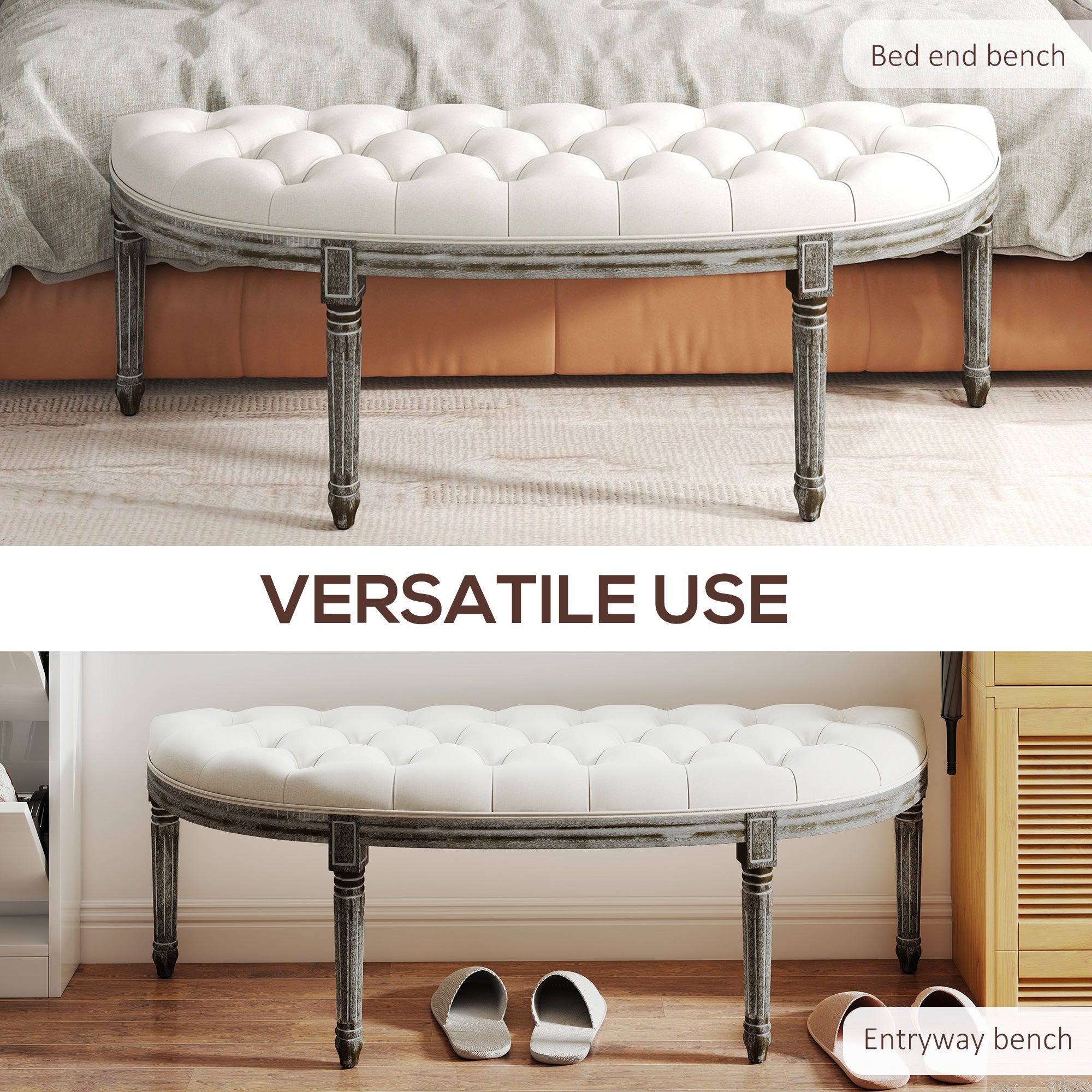 HOMCOM Half-Circle End Bench Ottoman Footstool Tufting Padded Seat Brushed Wood Base Antique Accents Home Seat Furniture Cream White and Light Wood Grain Leg