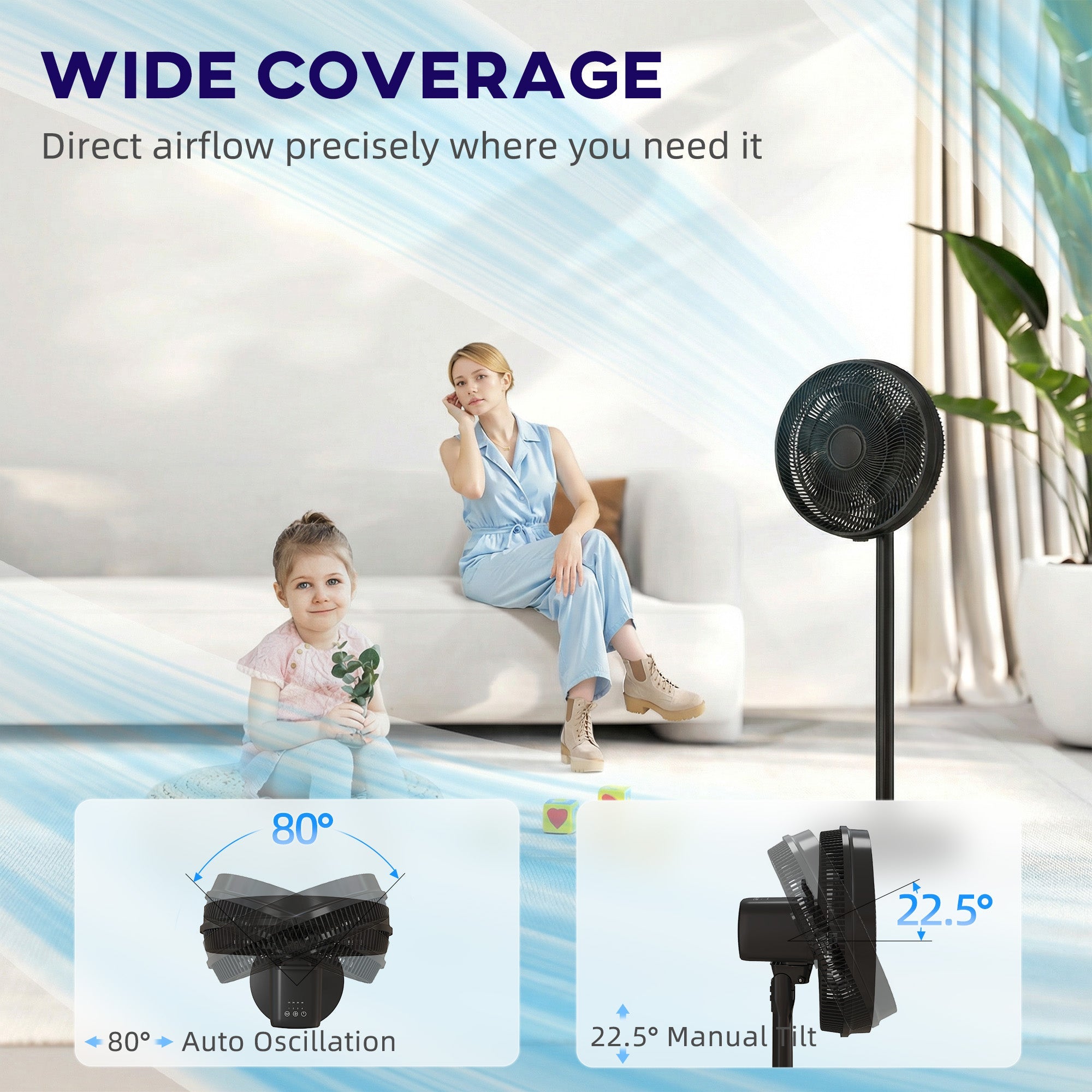 HOMCOM 40 cm Standing Fan, Cooling Floor Fan with 80Â° Oscillating, Adjustable Tilt and Height, 4 Speed, Remote Control, Black