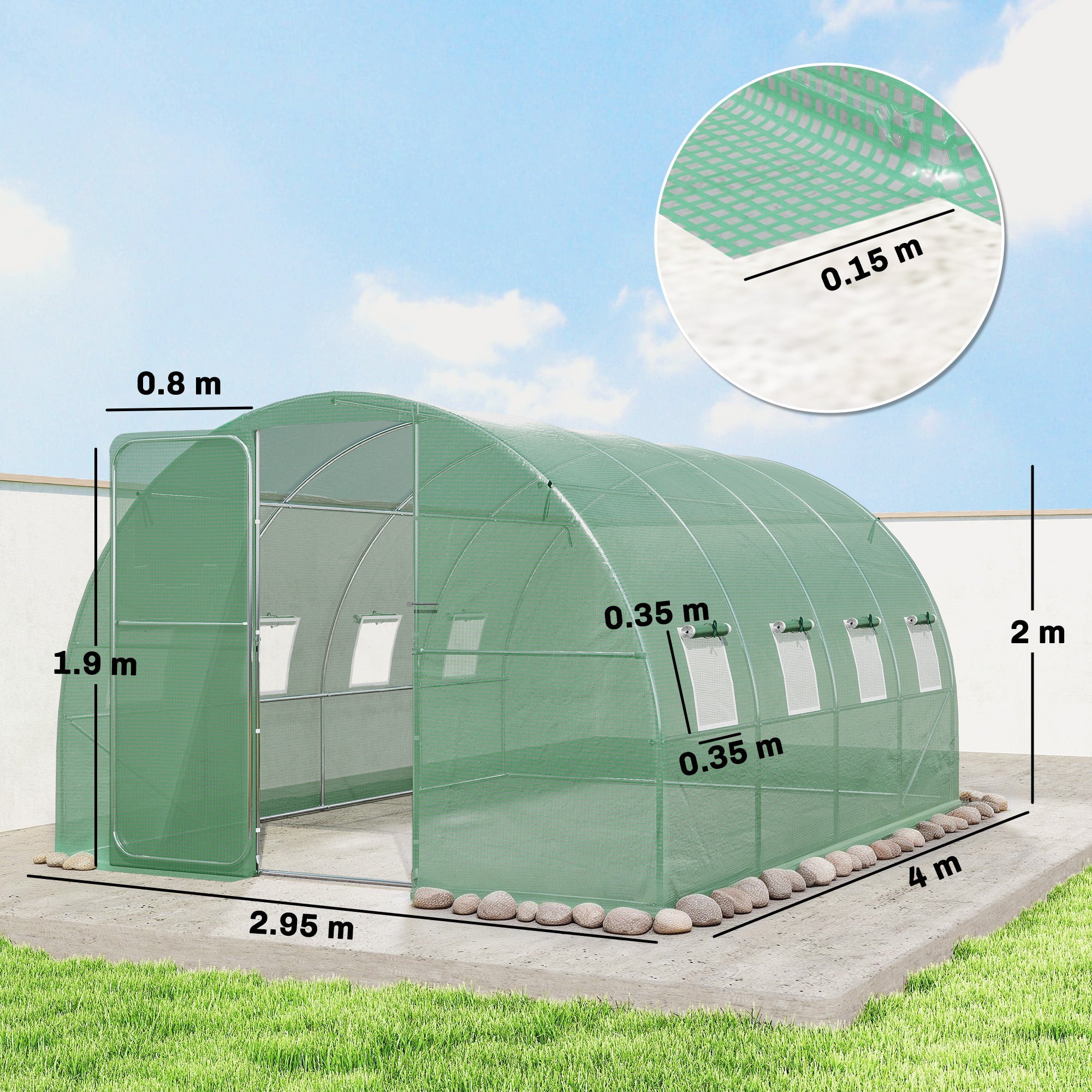 Outsunny 3 x 4 m Walk-in Polytunnel Greenhouse with Hinged Door and 8 Roll Up Mesh Windows, Garden Tunnel Warm House Tent, Green