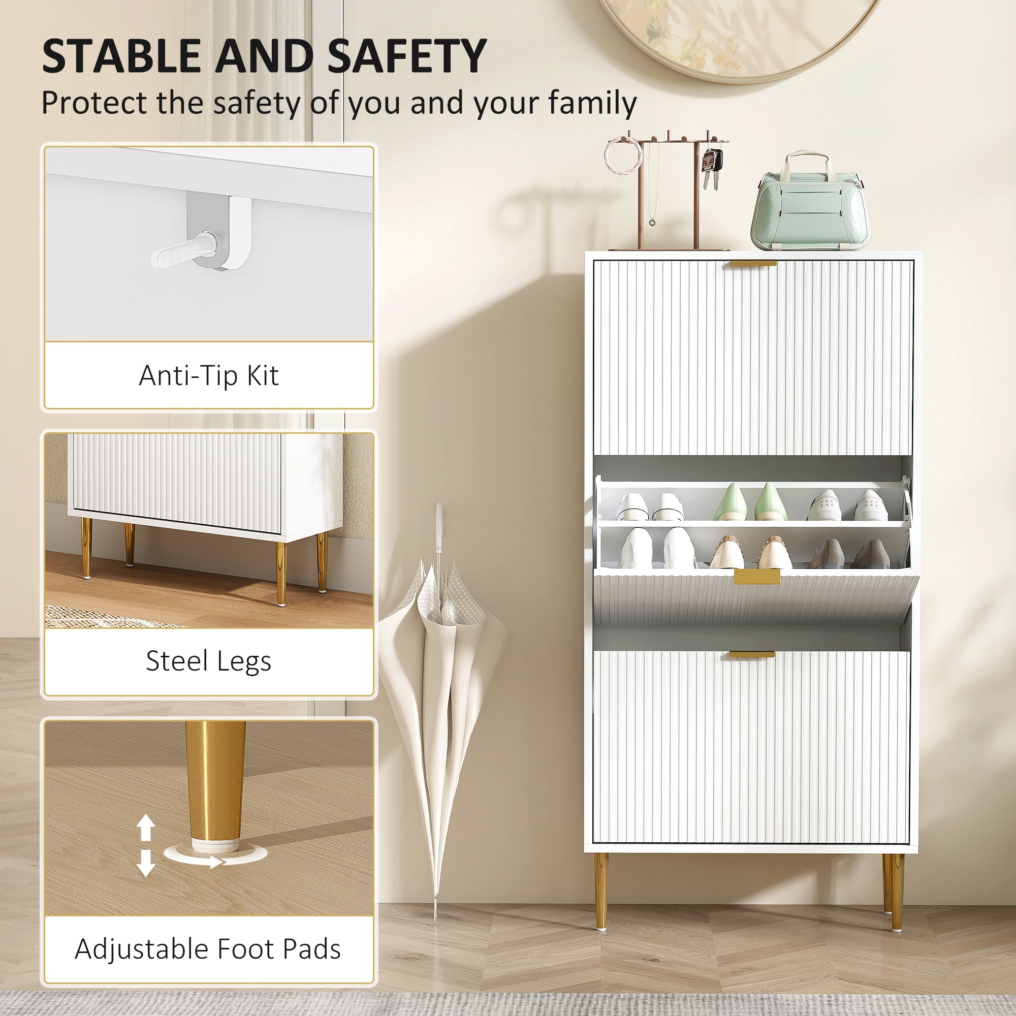 HOMCOM Narrow Shoe Cabinet with 3 Flip Drawers - White