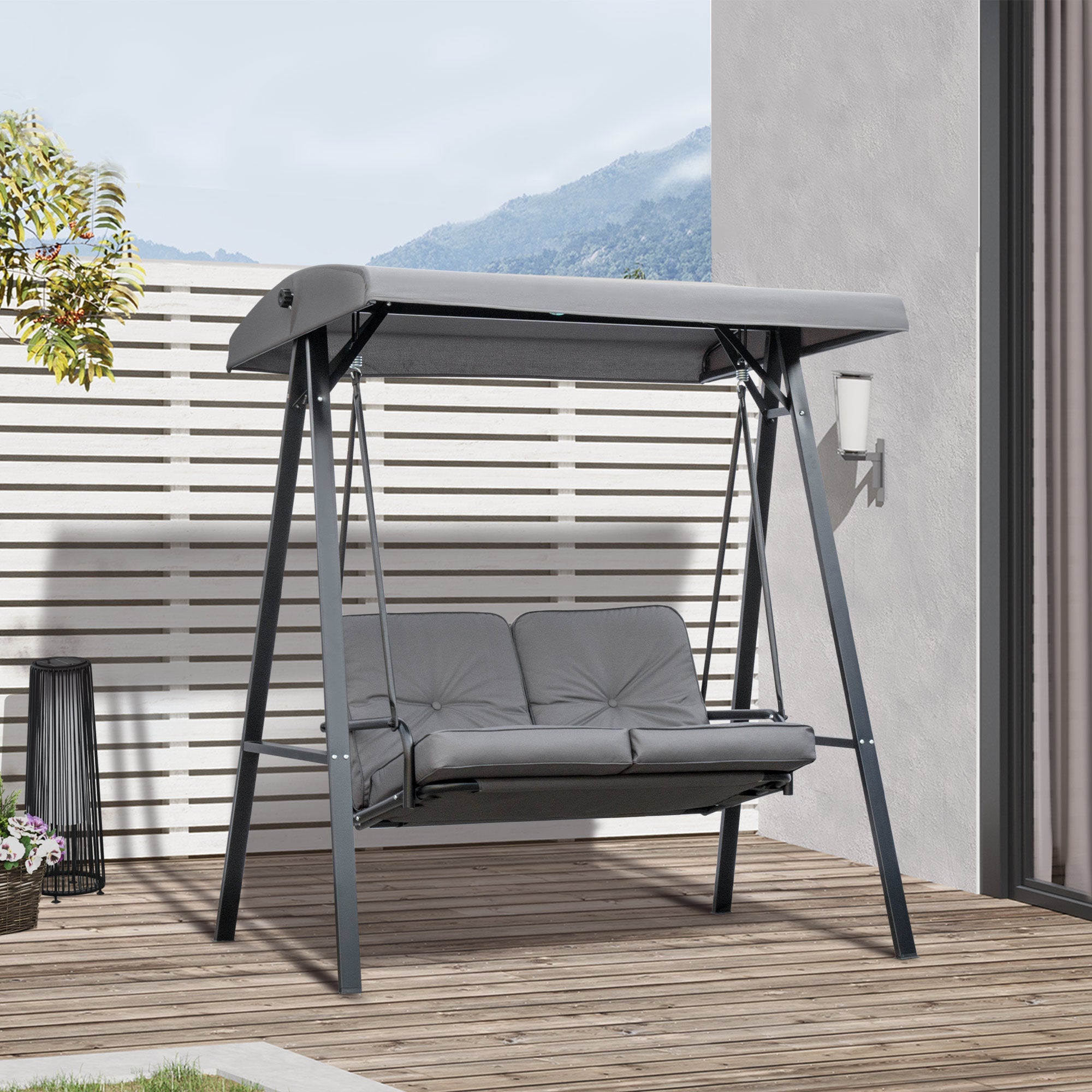 Outsunny 2 Seater Garden Swing Chair with Adjustable Tilting Canopy, Outdoor Hammock Bench with Steel Frame for Patio, Grey