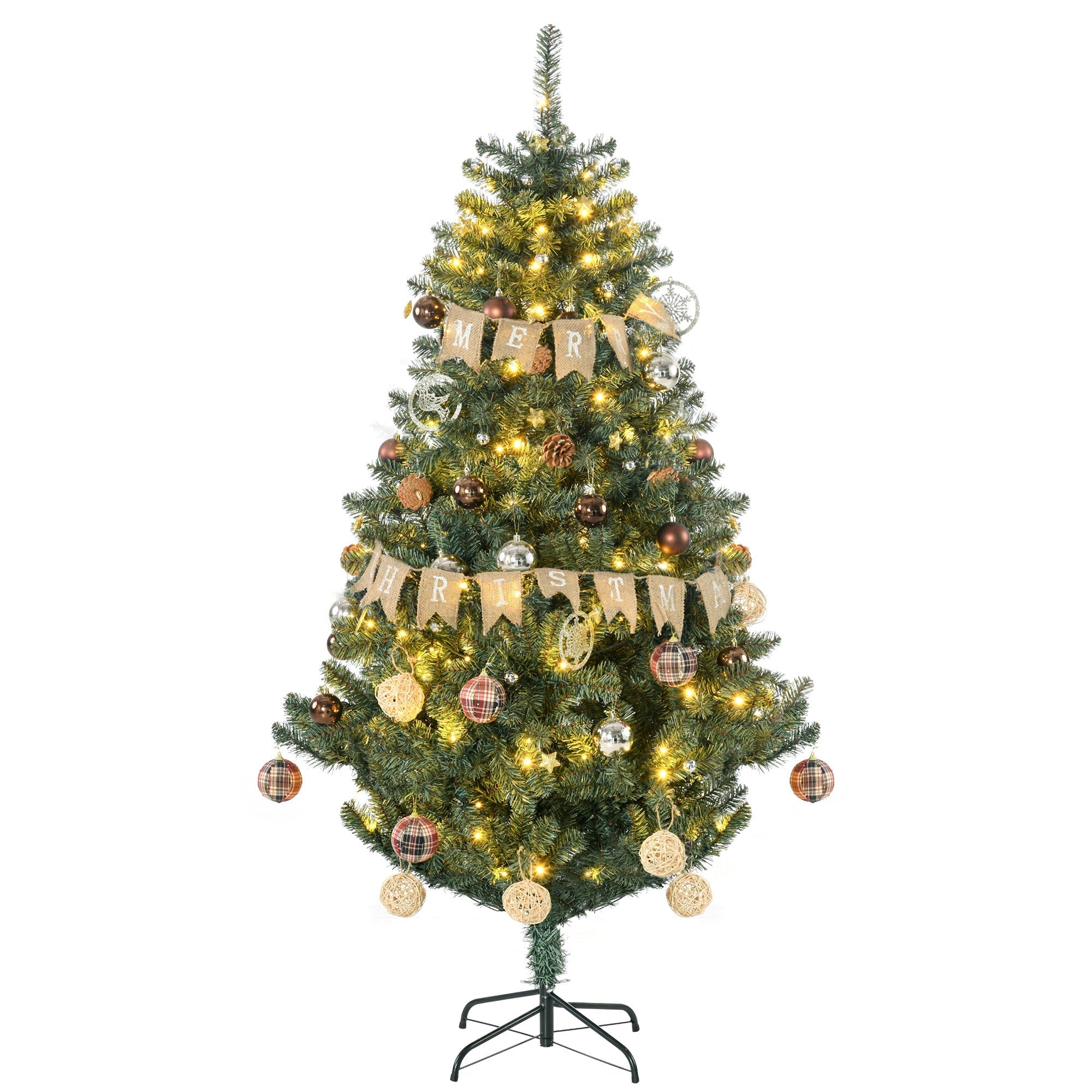 HOMCOM 6' Artificial Prelit Christmas Trees Holiday DÃ©cor with Warm White LED Lights, Decoration, Banner, Tag, Ball