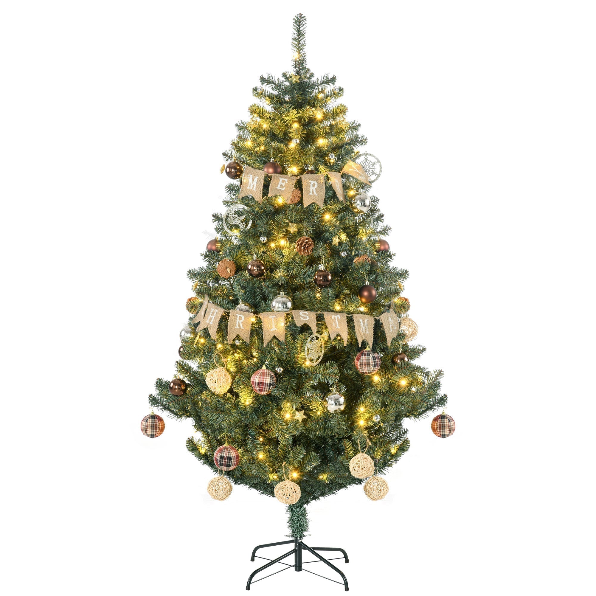 HOMCOM 6' Artificial Prelit Christmas Trees Holiday Decor with Warm White LED Lights, Decoration, Banner, Tag, Ball