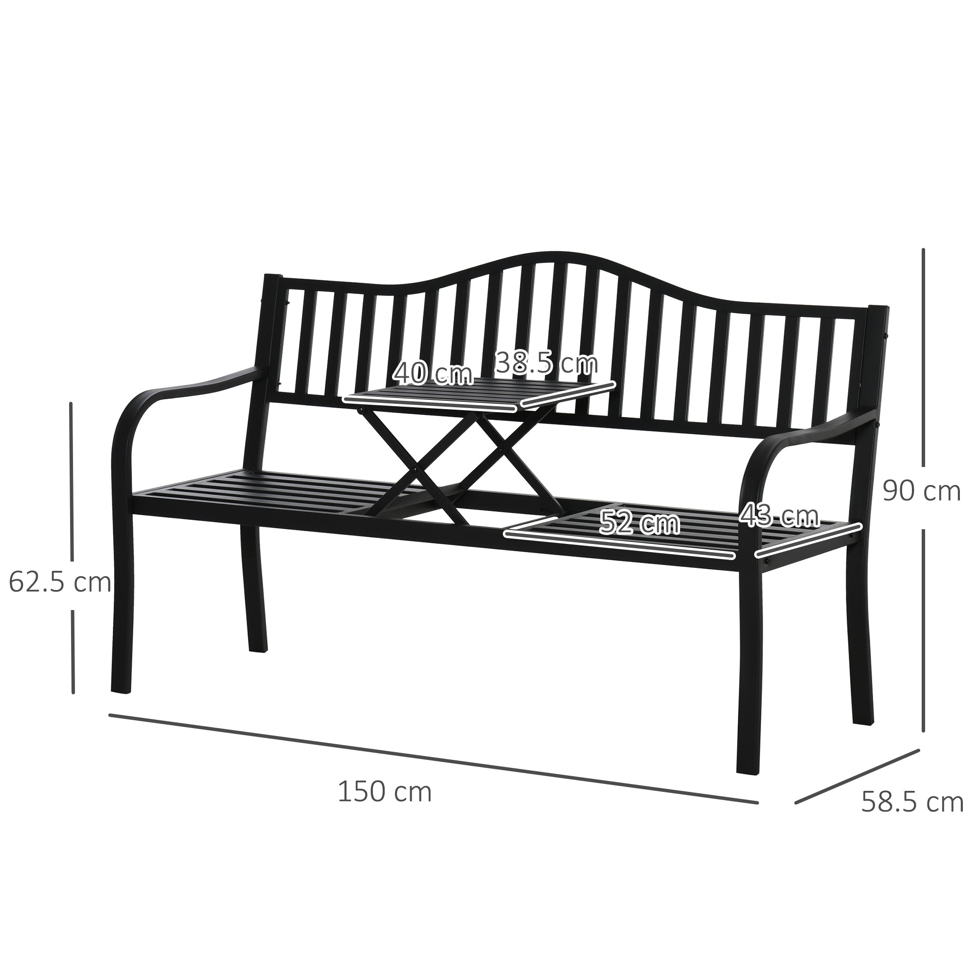Outsunny Metal Outdoor Bench with Liftable Middle Table, Patio Loveseat, Garden Bench for Garden, Porch, Seats 2â3 People, Black