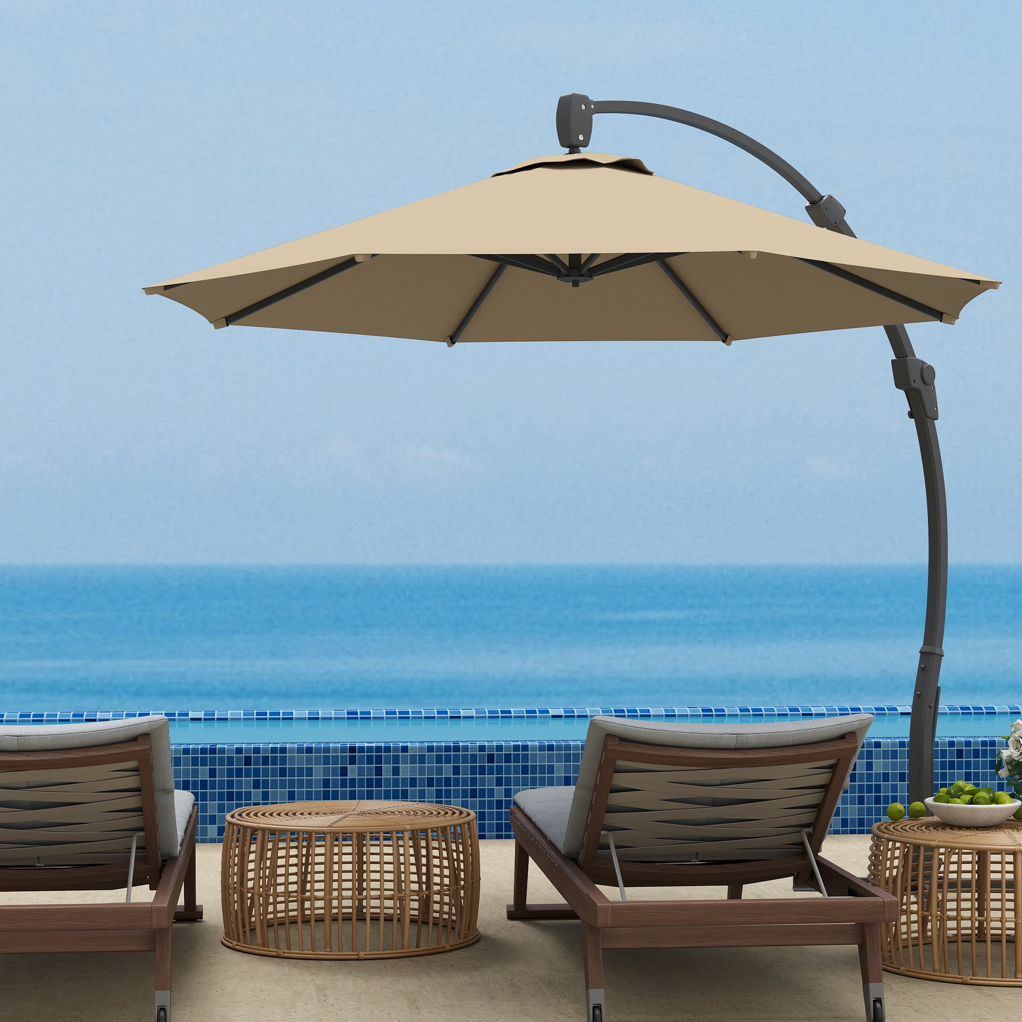 Outsunny 3(m) Garden Cantilever Parasol, Round Overhanging Umbrella with Crank Handle, Cross Base, Aluminium Frame and 360√Ç¬∞ Rotation, Banana Patio Umbrella for Outdoor Sun Shade, Khaki
