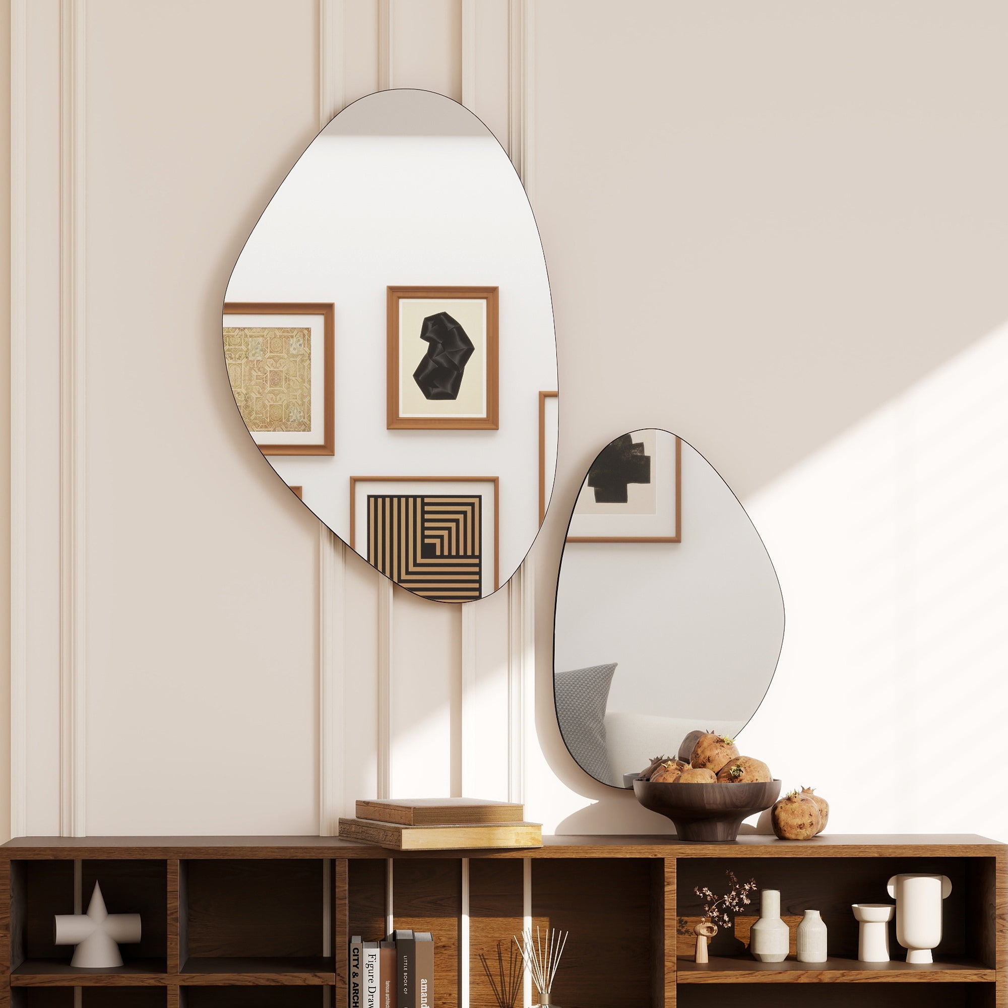 HOMCOM Set of 2 Pebble-Shaped Wall Mirror - Black