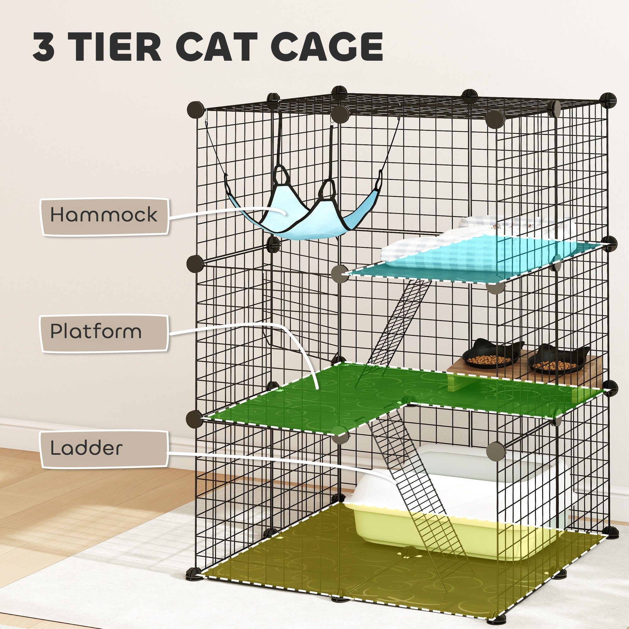 PawHut Indoor Cat Cage DIY Customizable 3-Tier Indoor Cat Enclosure with 3 Doors and Hammock 105 cm Black