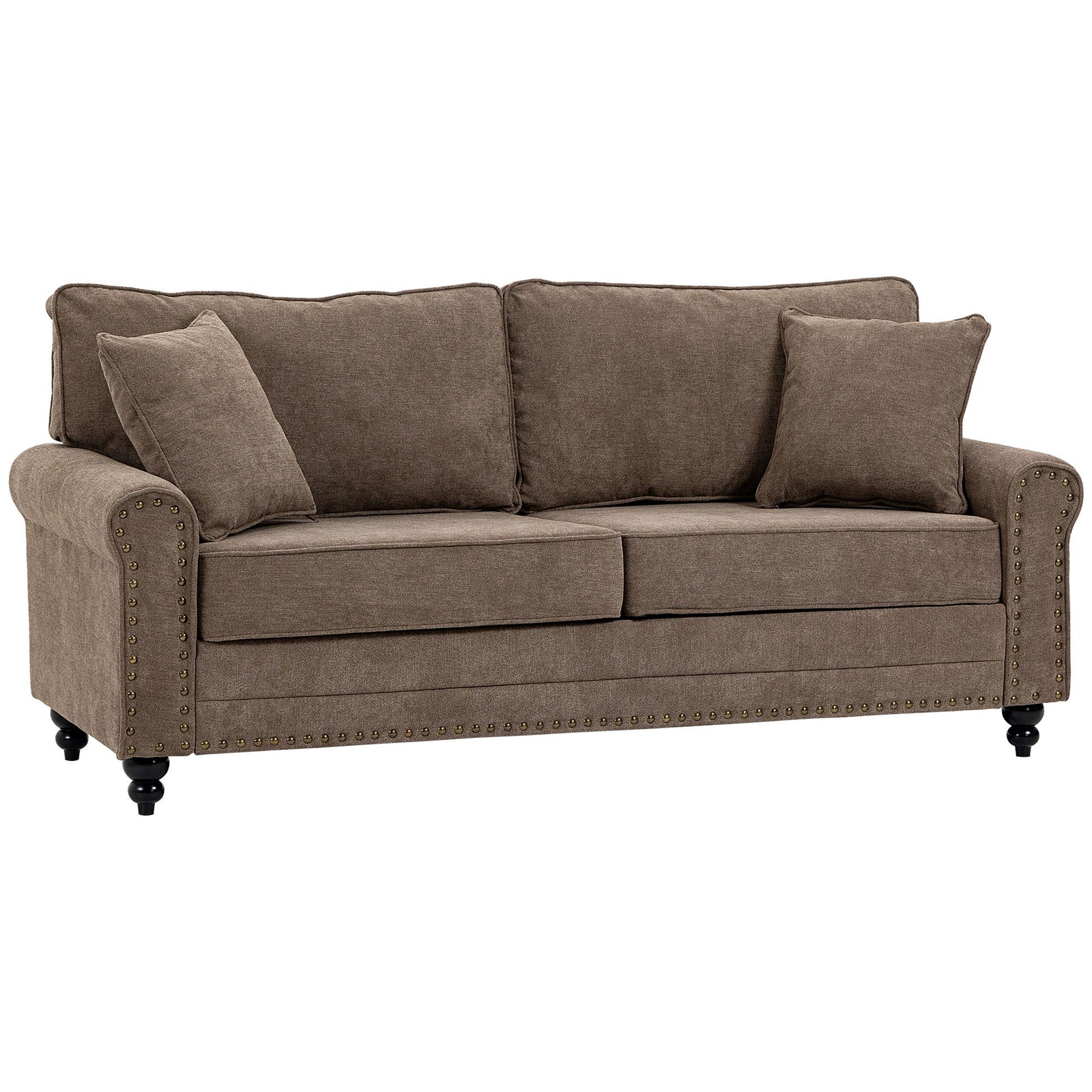 HOMCOM 196cm 3 Seater Sofa, Fabric Sofa with Rubber Wood Legs, Nailhead Trim, 2 Pillows, Small Upholstered Couch Settee for Living Room, Guest Room, Brown