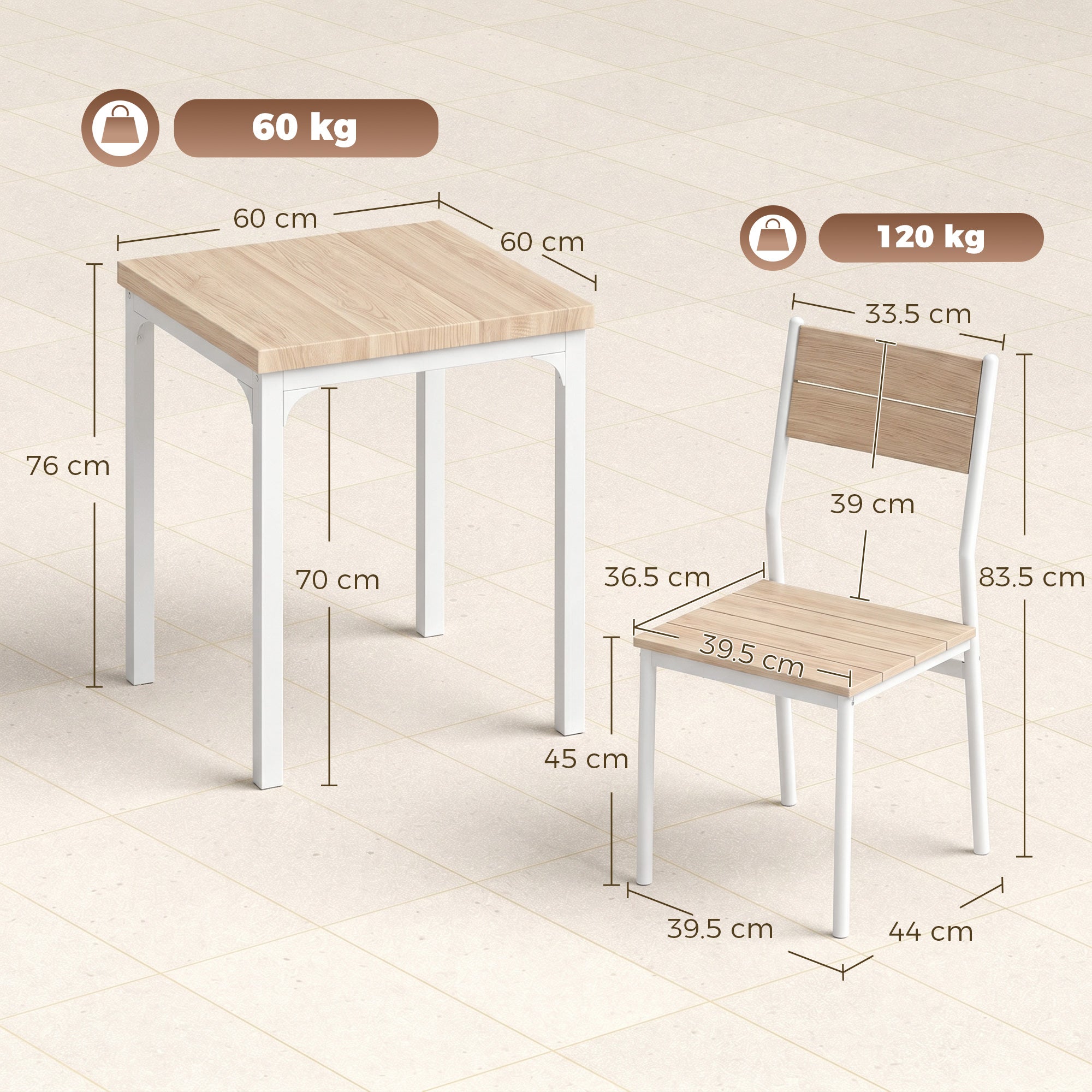 HOMCOM Three-Piece Minimal and Compact Dining Set, Oak Wood Effect