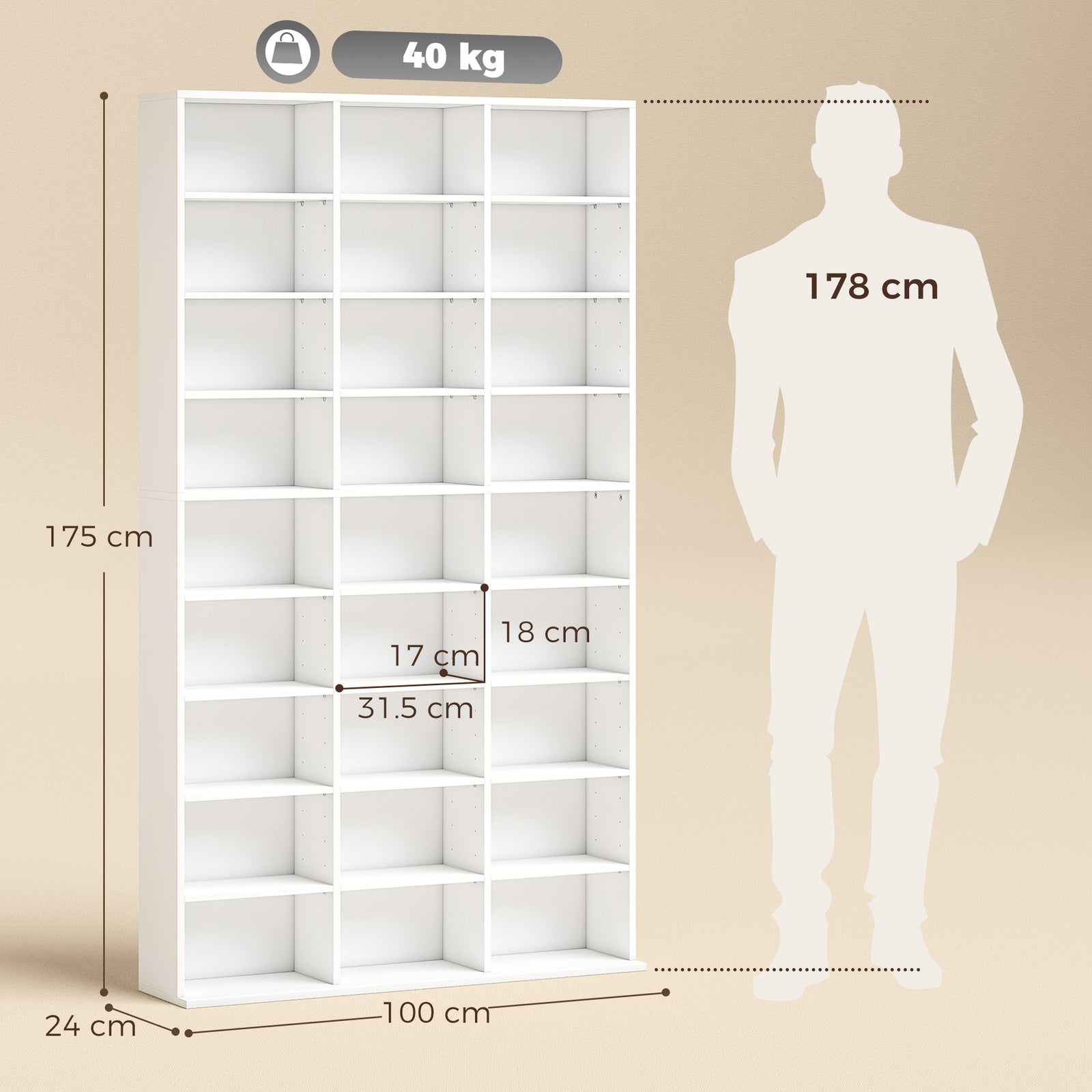 HOMCOM 835 CD/500 DVD Storage Unit, Blu-ray Media Storage Shelf with 27 Compartments and 21 Adjustable Shelves, White