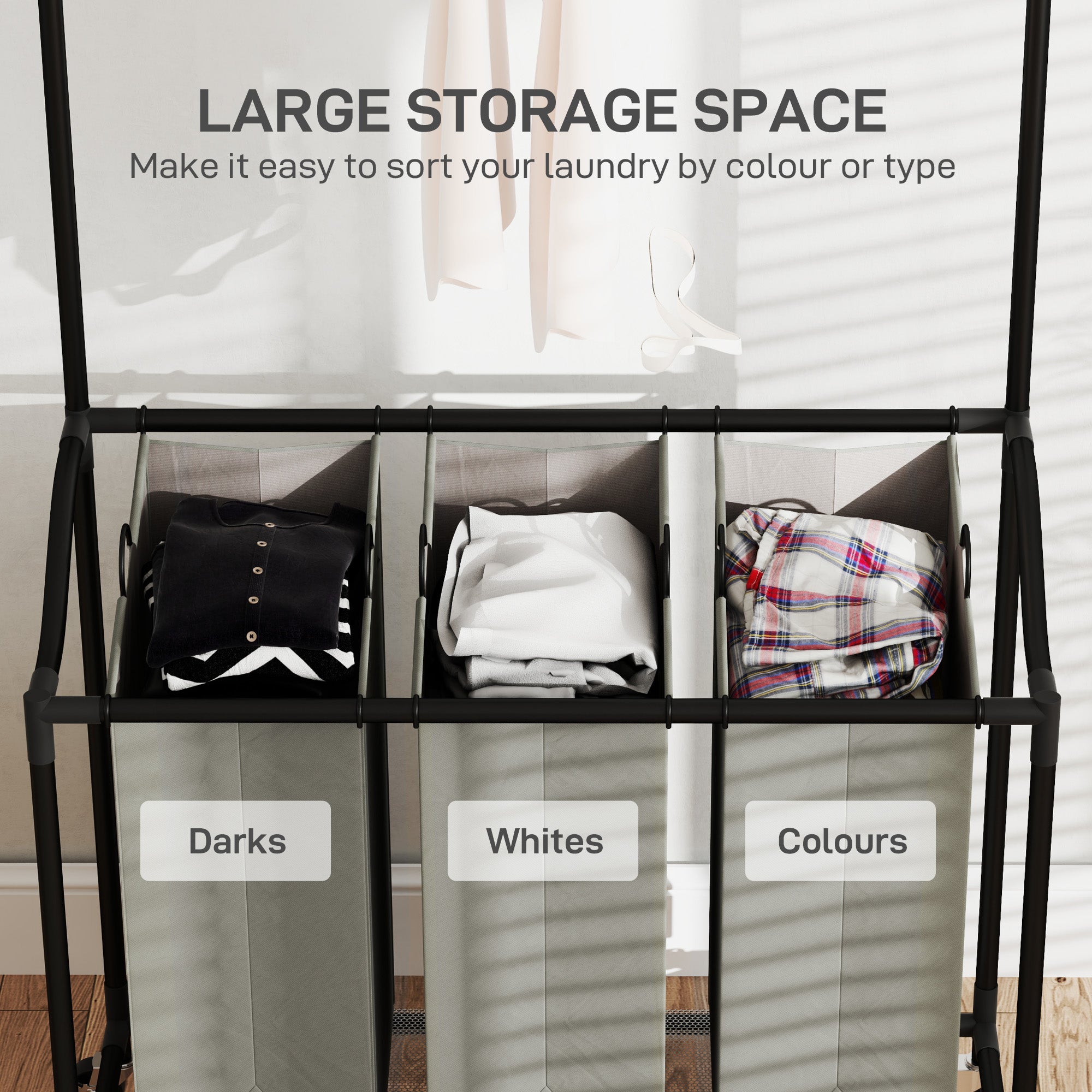 HOMCOM 3x 42L Laundry Basket Unit, with Hanging Rail - Black/Grey