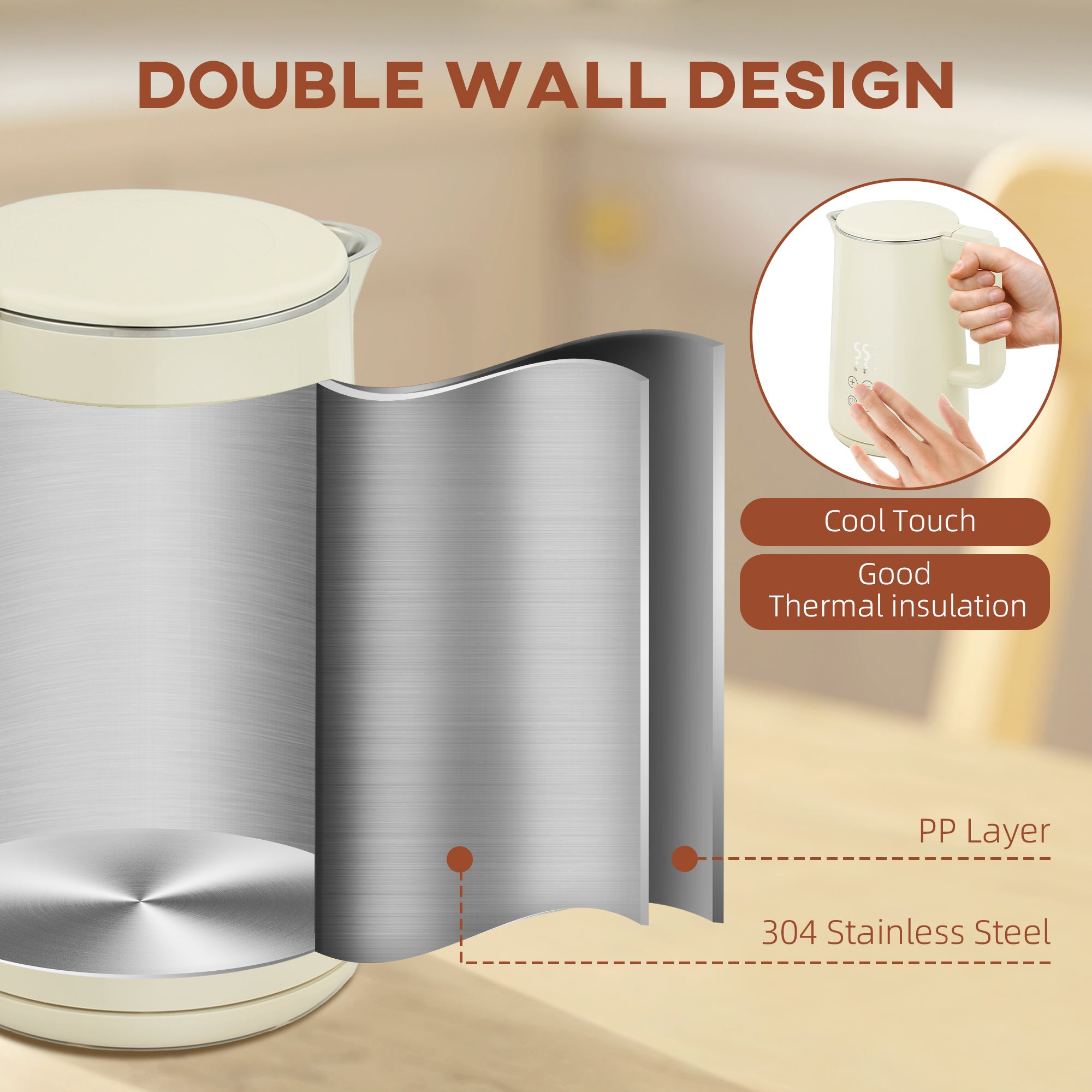 HOMCOM Digital Kettle and Toaster Set, 1.5L 3000W Fast Boil Kettle, 2 Slice Toaster Kitchen Set with 7 Level Browning Controls, Defrost, Reheat, Keep Warm, Crumb Tray and LED Touch Display, Beige