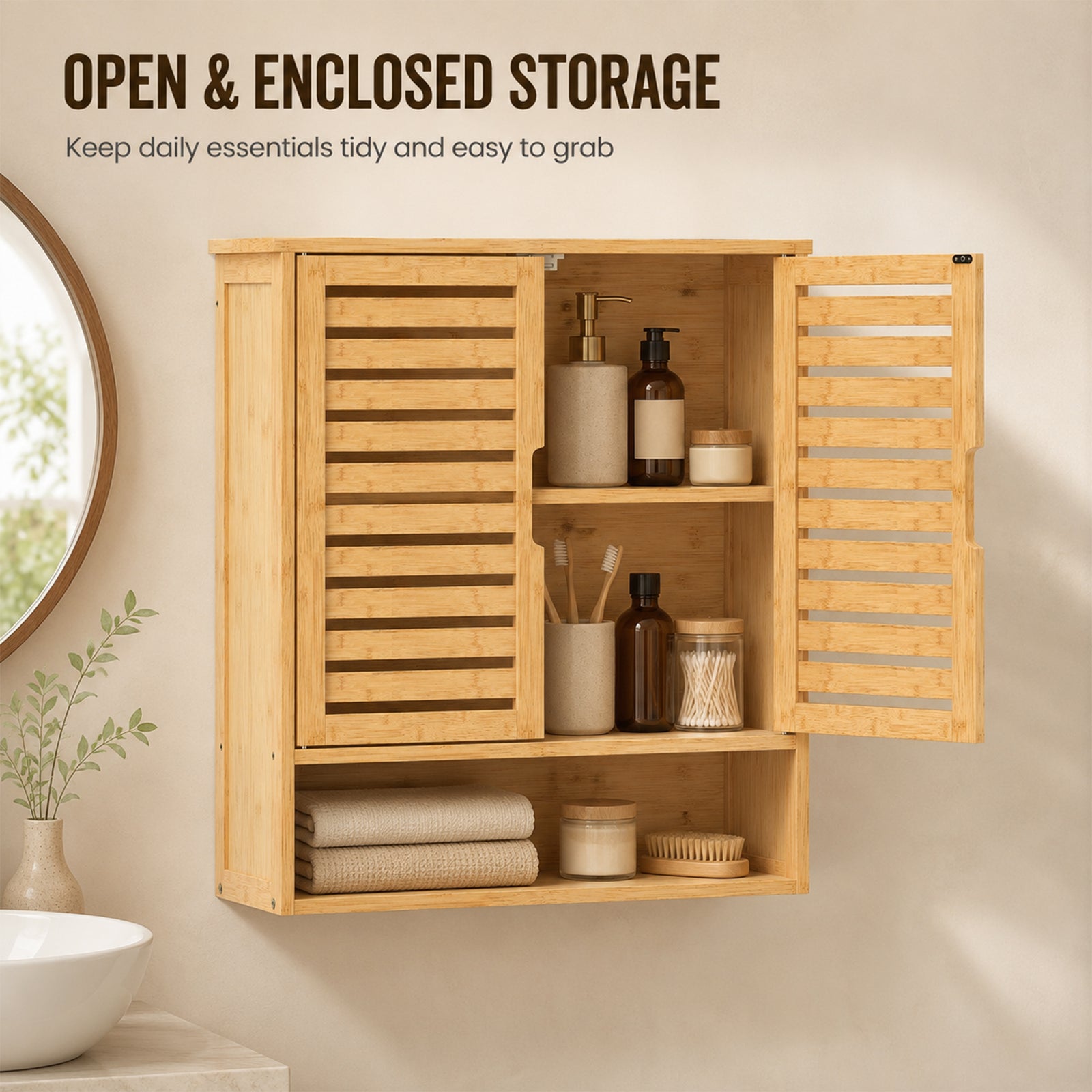 HOMCOM Bathroom Wall Cabinet, Wall Mounted Bathroom Cabinet with 2 Louvered Doors, Open Shelf and Adjustable Shelf Storage