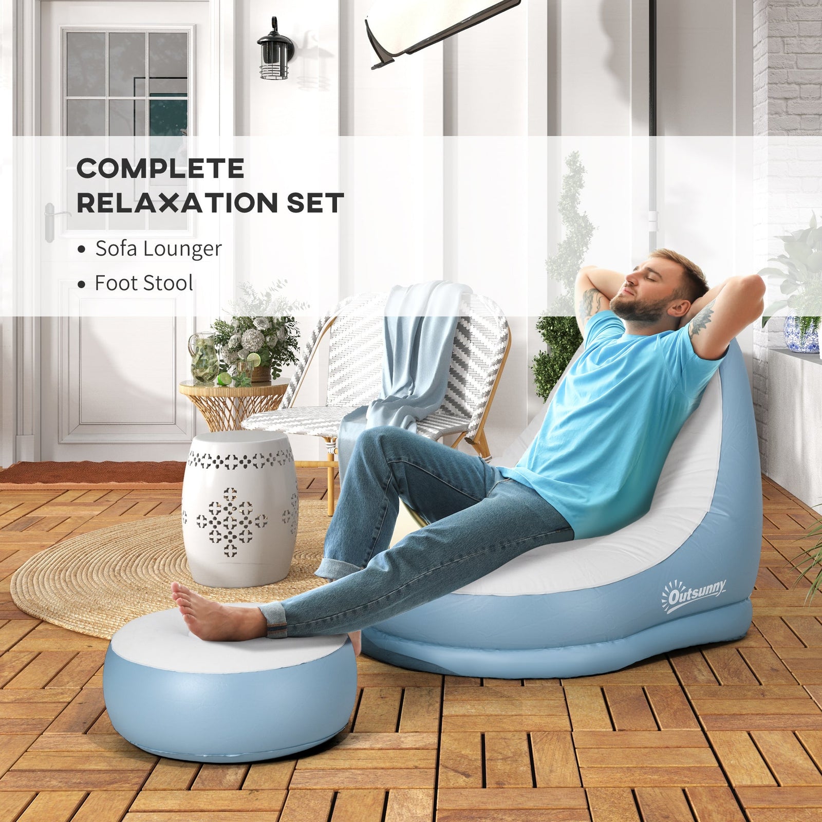 Outsunny Inflatable Tub Chair and Footstool - Blue/White