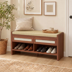 HOMCOM Boho Shoe Bench with 2 Rattan Drawers, Shoe Storage Bench with Cushioned Seat and Open Shelf Brown