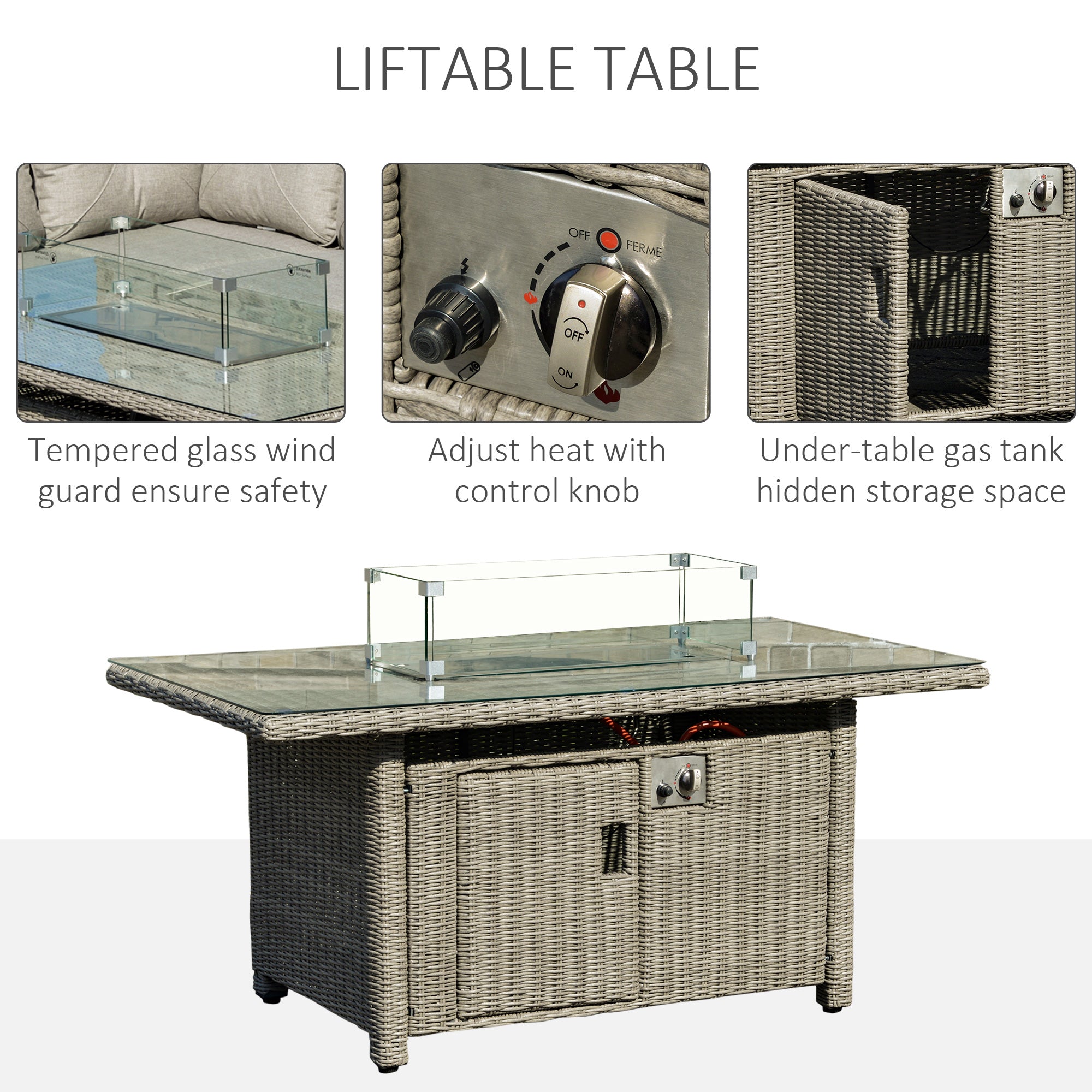 Outsunny 8-Seater Outdoor PE Rattan Sofa Set Conversation Set w/ Fire Pit Table, L-Shape Sofa, Footstool and Furniture Cover