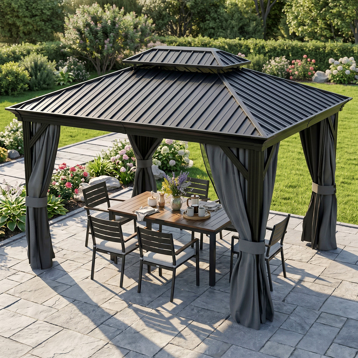 Outsunny 3.65 x 3m Aluminium Hardtop Gazebo, with Accessories - Dark Grey