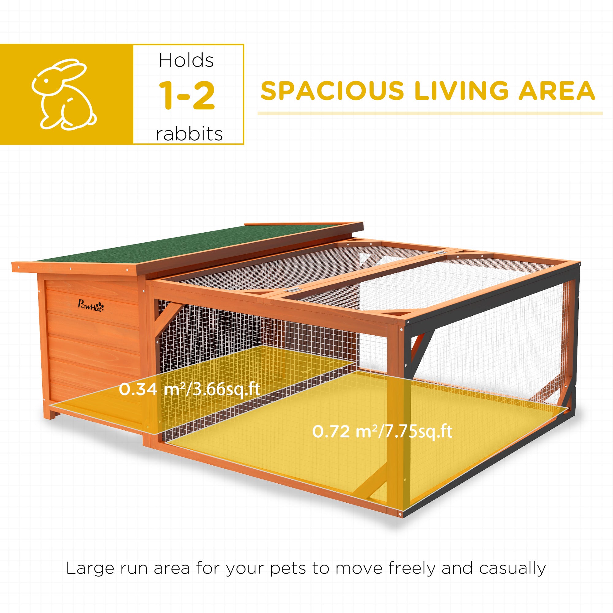 PawHut Rabbit Hutch Outdoor Guinea Pig Hutch with Run Small Animal Off-ground Duck House Hideaway Backyard with Openable Roof 125.5 x 100 x 49cm Orange