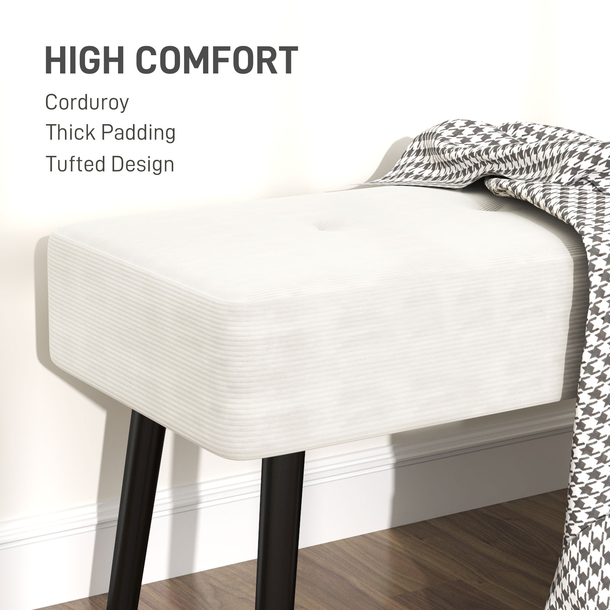 HOMCOM End of Bed Bench, Corduroy Bedroom Bench with Thick Padding and Steel Legs, Tufted Window Seat for Entryway, Living Room, Cream White