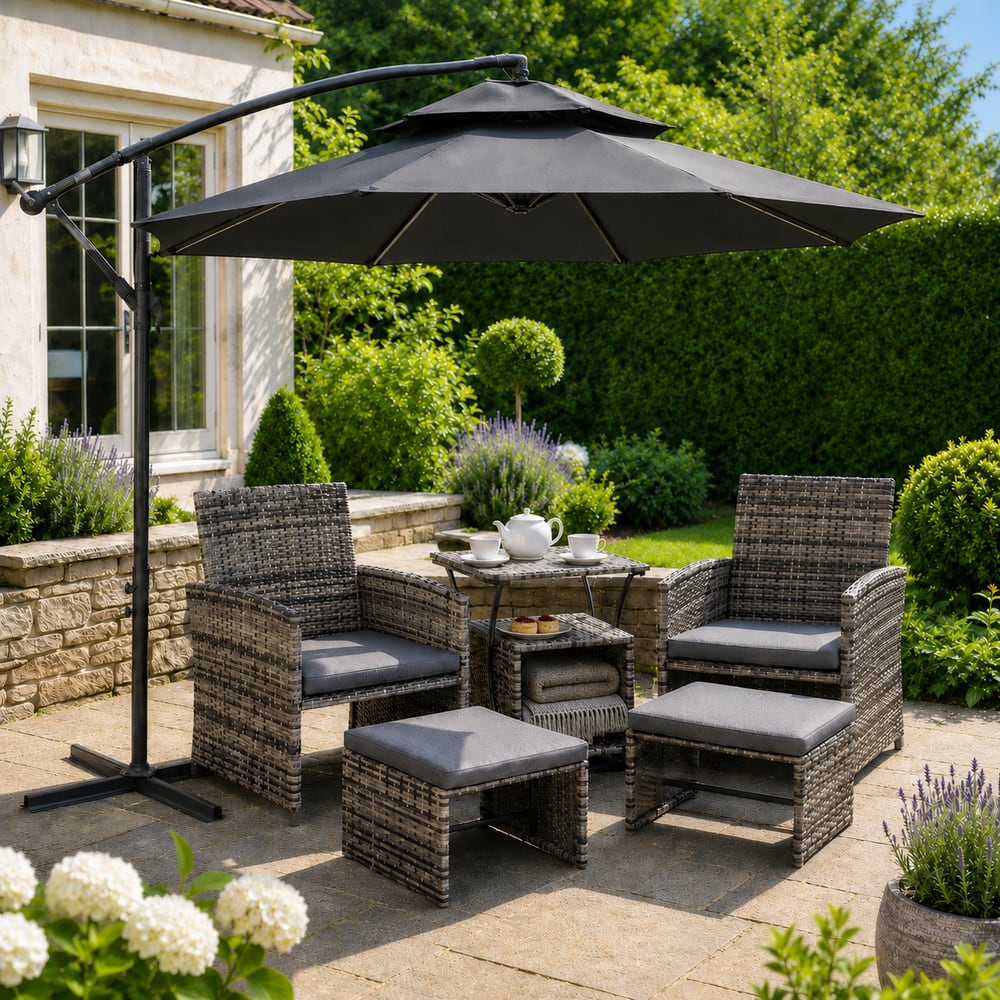 Outsunny 3(m) Cantilever Banana Parasol Hanging Umbrella with LED Solar lights, Crank, 8 Sturdy Ribs and Cross Base for Outdoor, Garden, Patio, Black