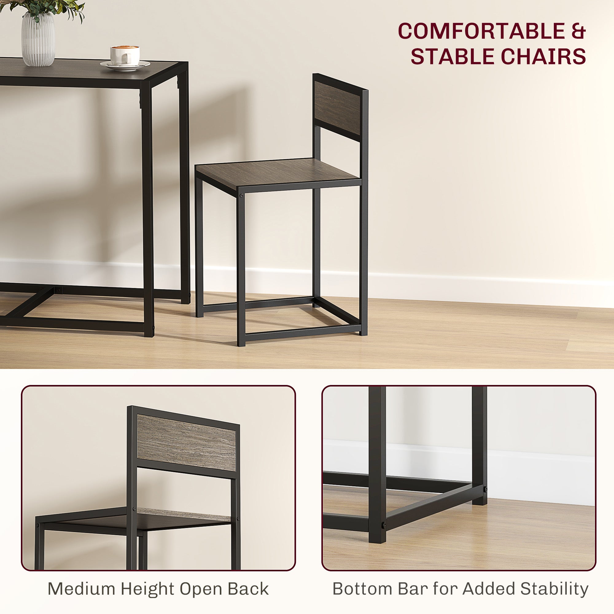 HOMCOM Dining Table and Chairs Set 2, Dining Room Sets, Rectangular Space Saving Table and 2 Chairs for Compact Kitchens, Steel Frame, Grey Wood-Effect