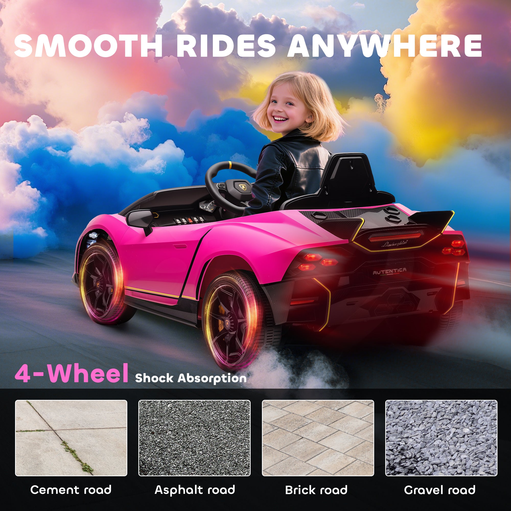 AIYAPLAY 12V Lamborghini Autentica Licensed Kids Electric Car with Remote Control, 4 Suspension Wheels, Soft Start, Pink