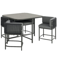 Outdoor furniture set with a table and four stools on a white background